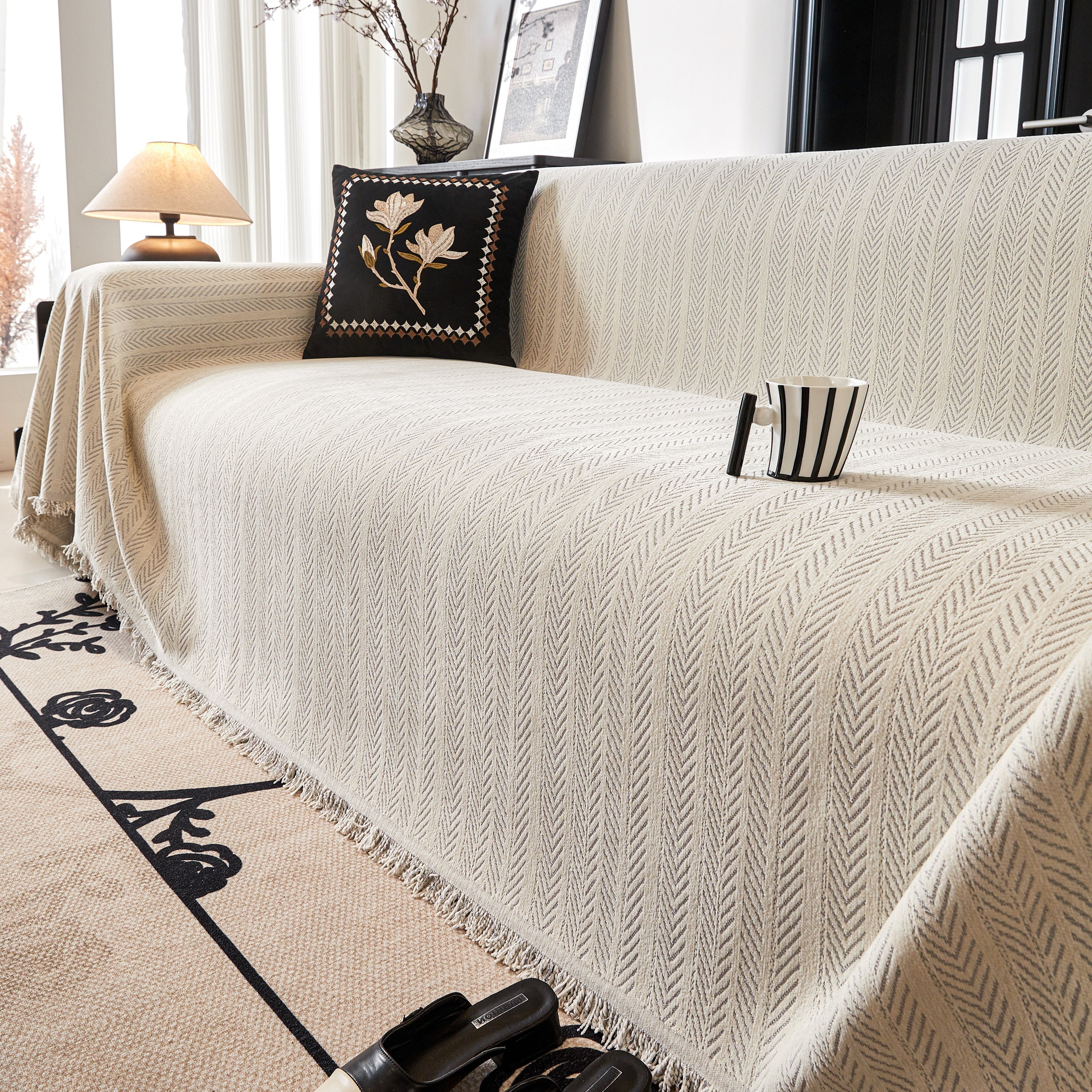 Herringbone Chenille Couch Cover Blanket Soft Durable Throw Sofa Protector With Tassel