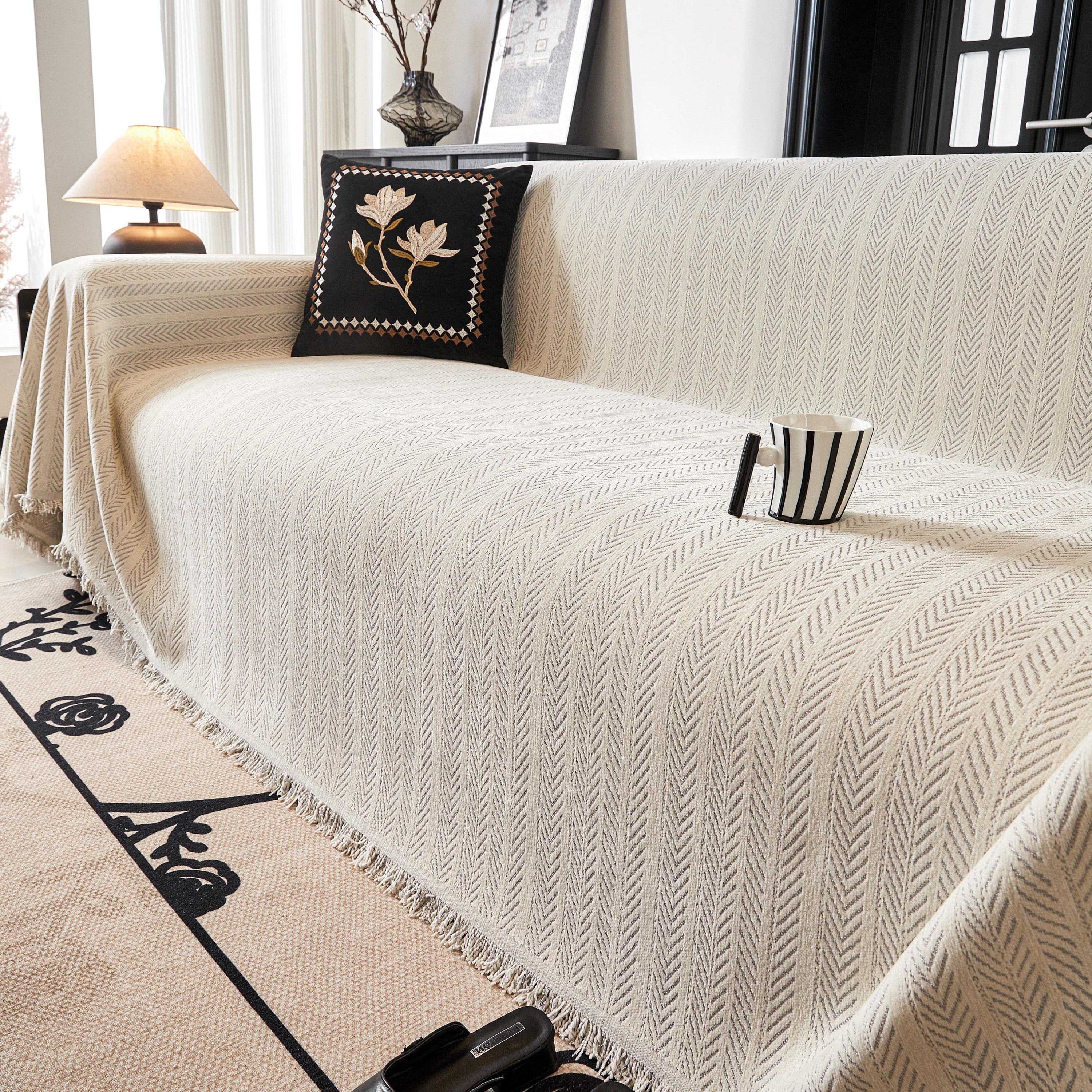 Herringbone Chenille Couch Cover Blanket Soft Durable Throw Sofa Protector With Tassel