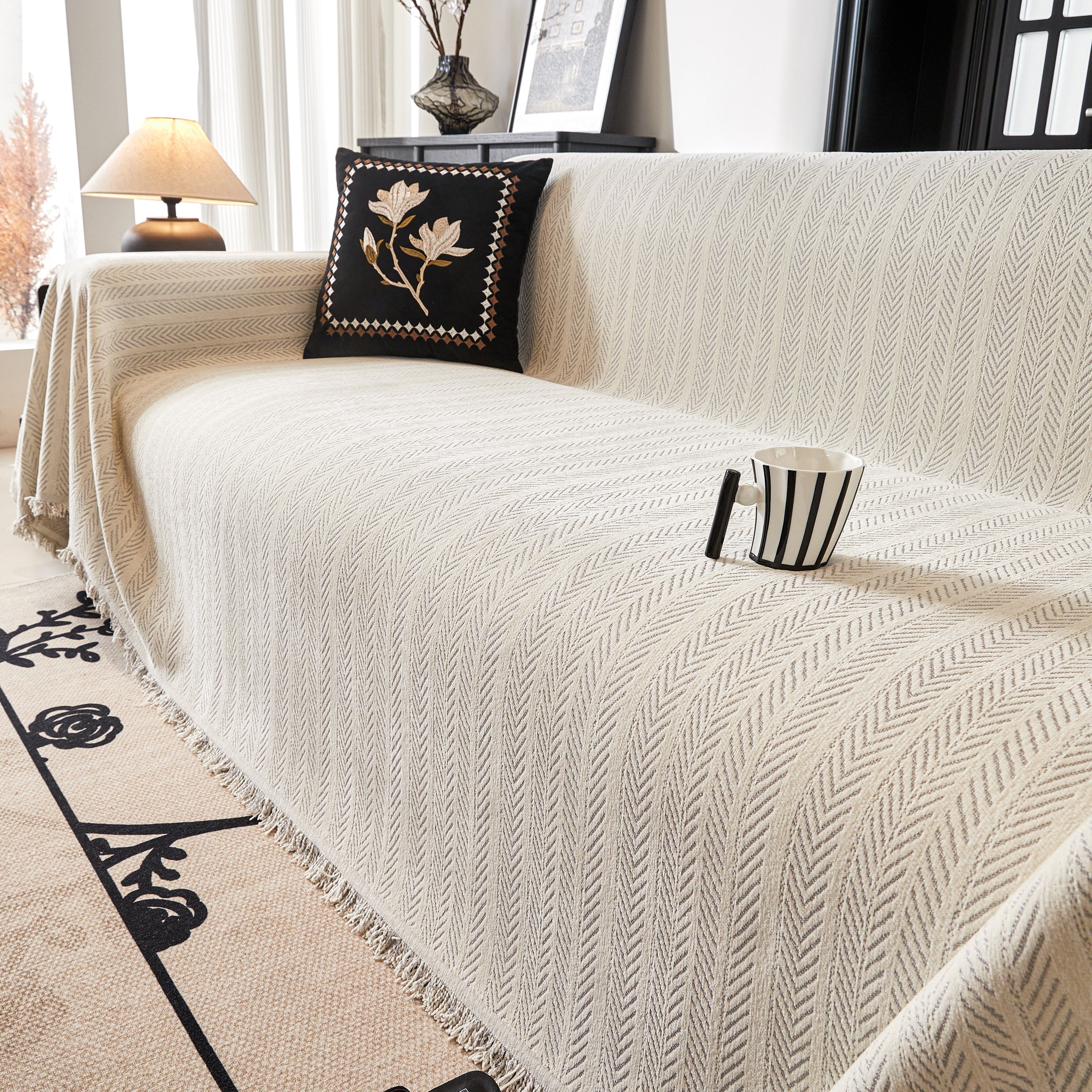 Herringbone Chenille Couch Cover Blanket Soft Durable Throw Sofa Protector With Tassel