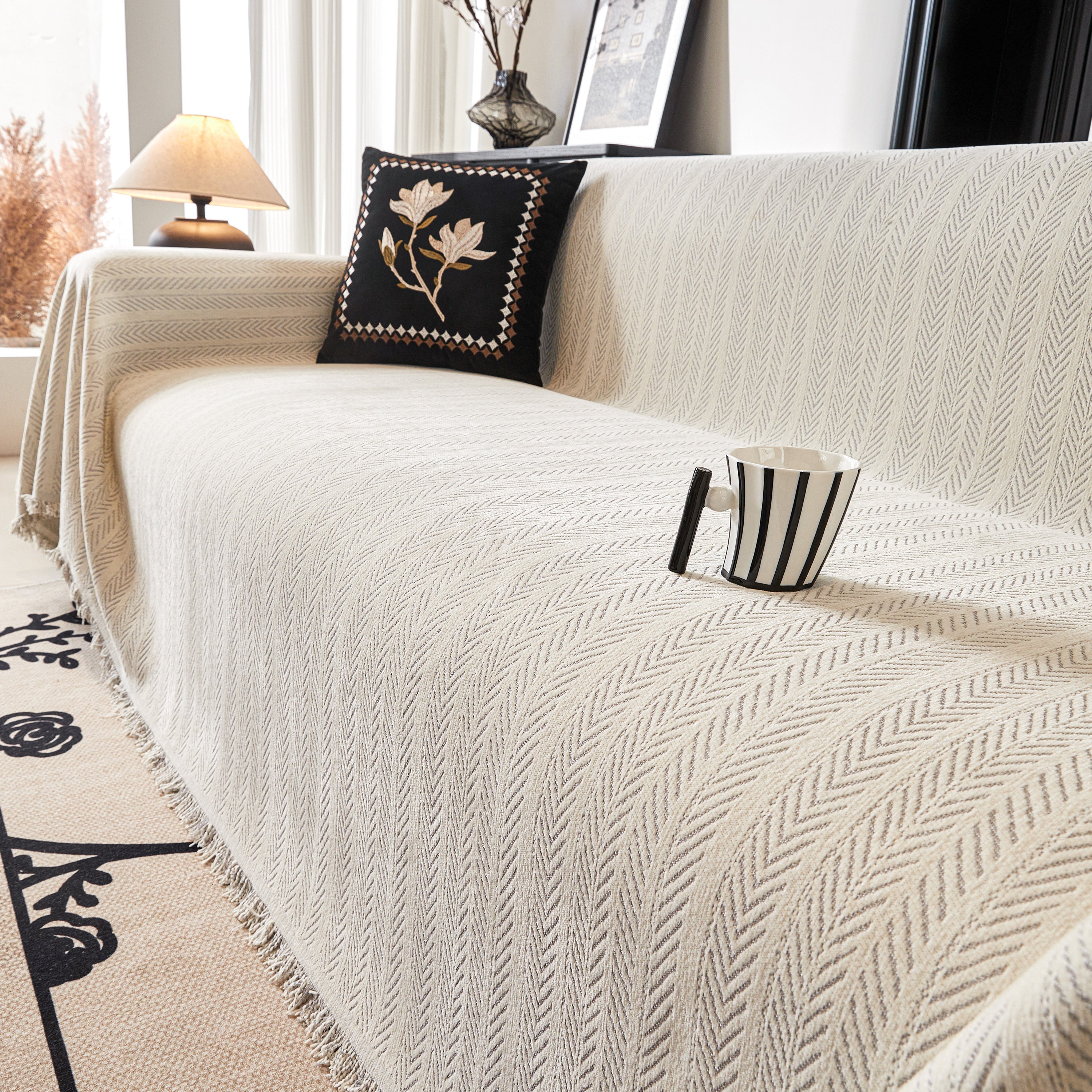Herringbone Chenille Couch Cover Blanket Soft Durable Throw Sofa Protector With Tassel