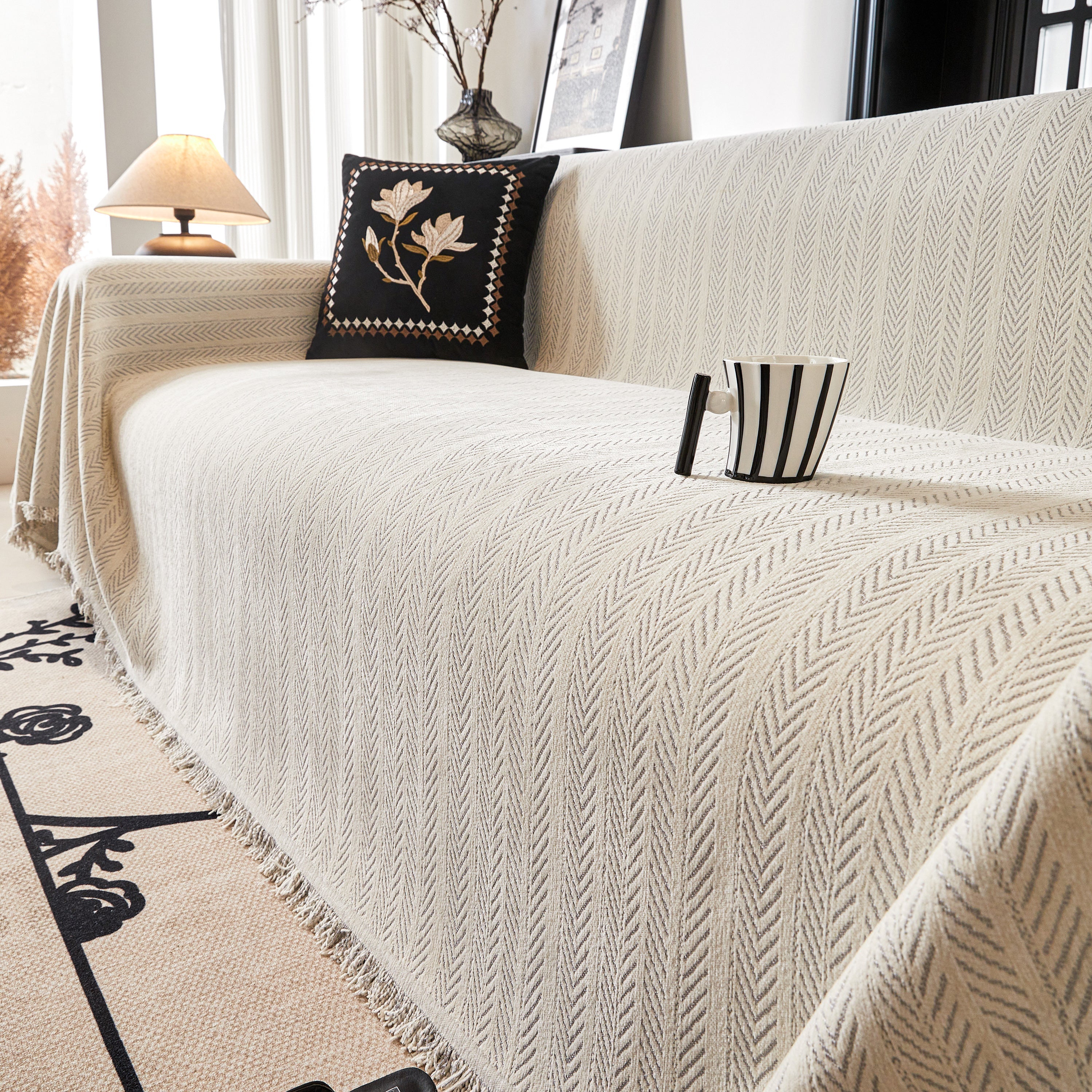 Herringbone Chenille Couch Cover Blanket Soft Durable Throw Sofa Protector With Tassel