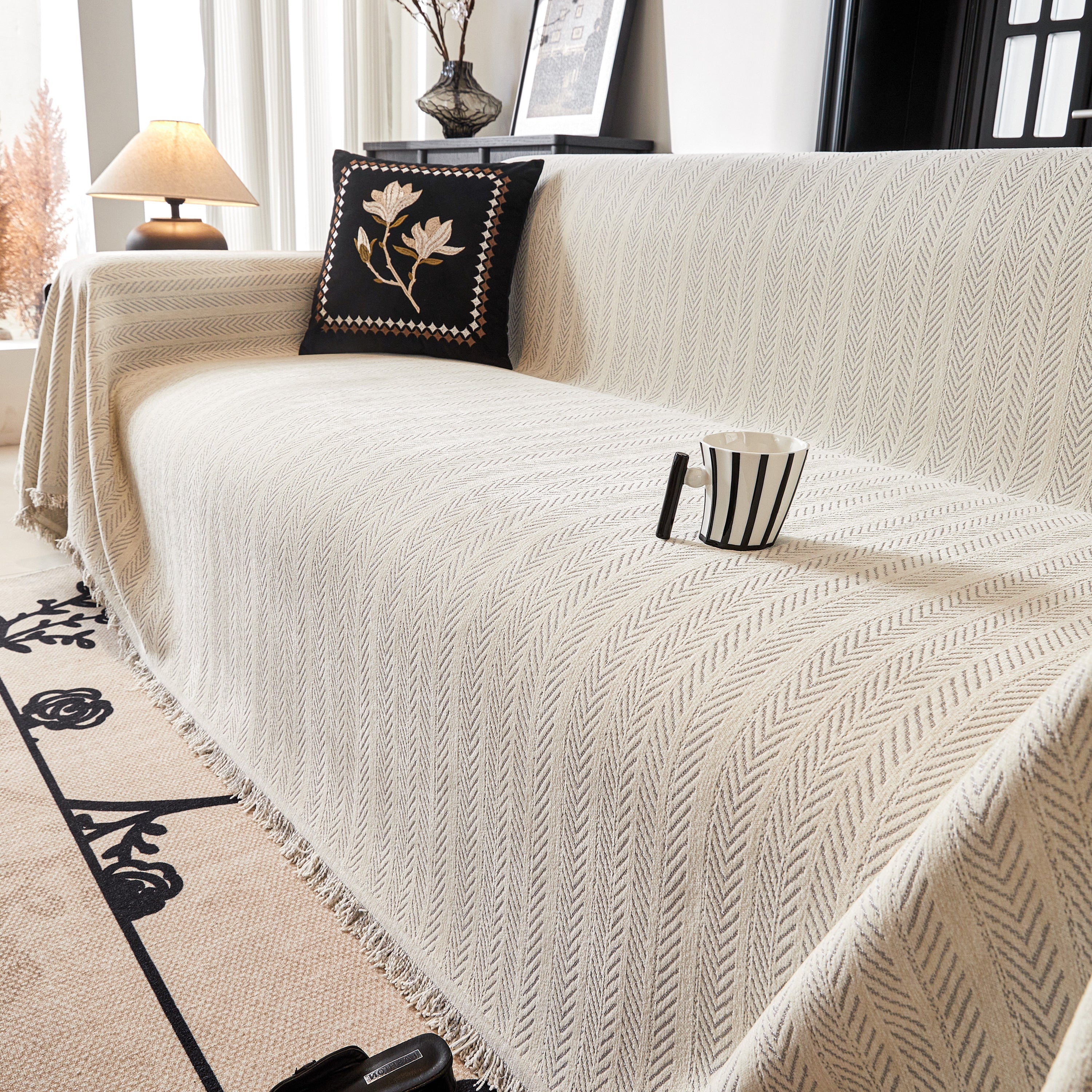 Herringbone Chenille Couch Cover Blanket Soft Durable Throw Sofa Protector With Tassel