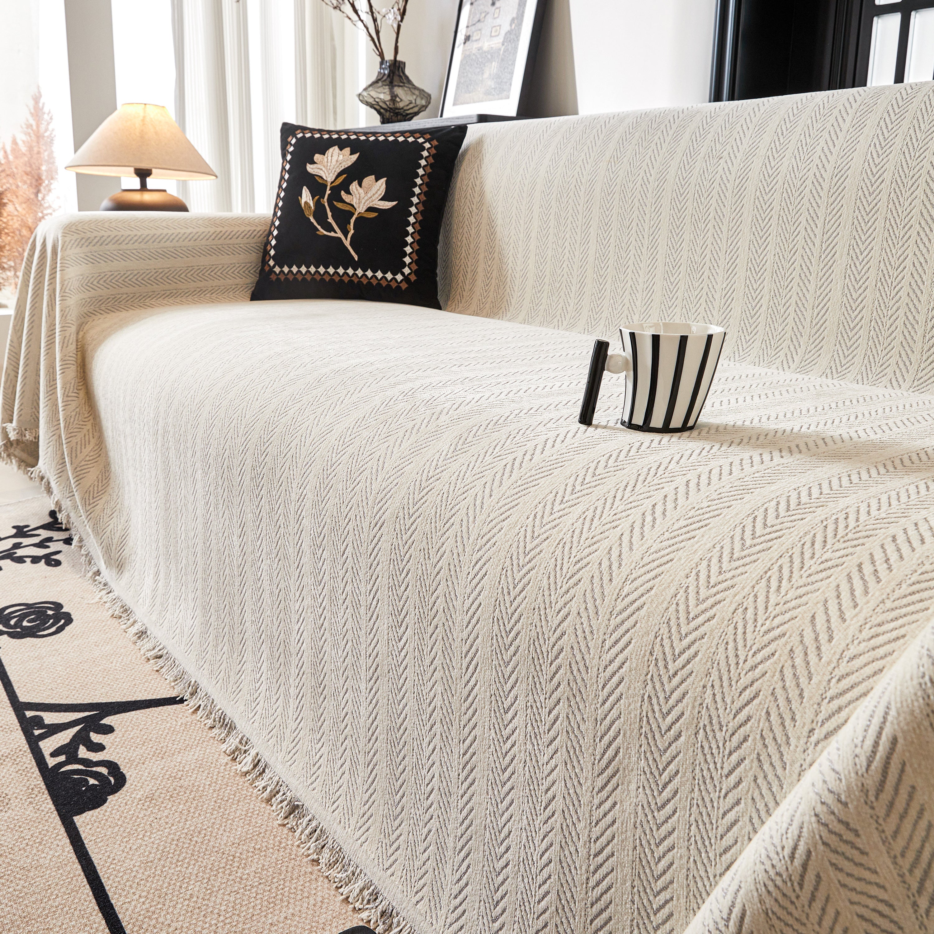 Herringbone Chenille Couch Cover Blanket Soft Durable Throw Sofa Protector With Tassel