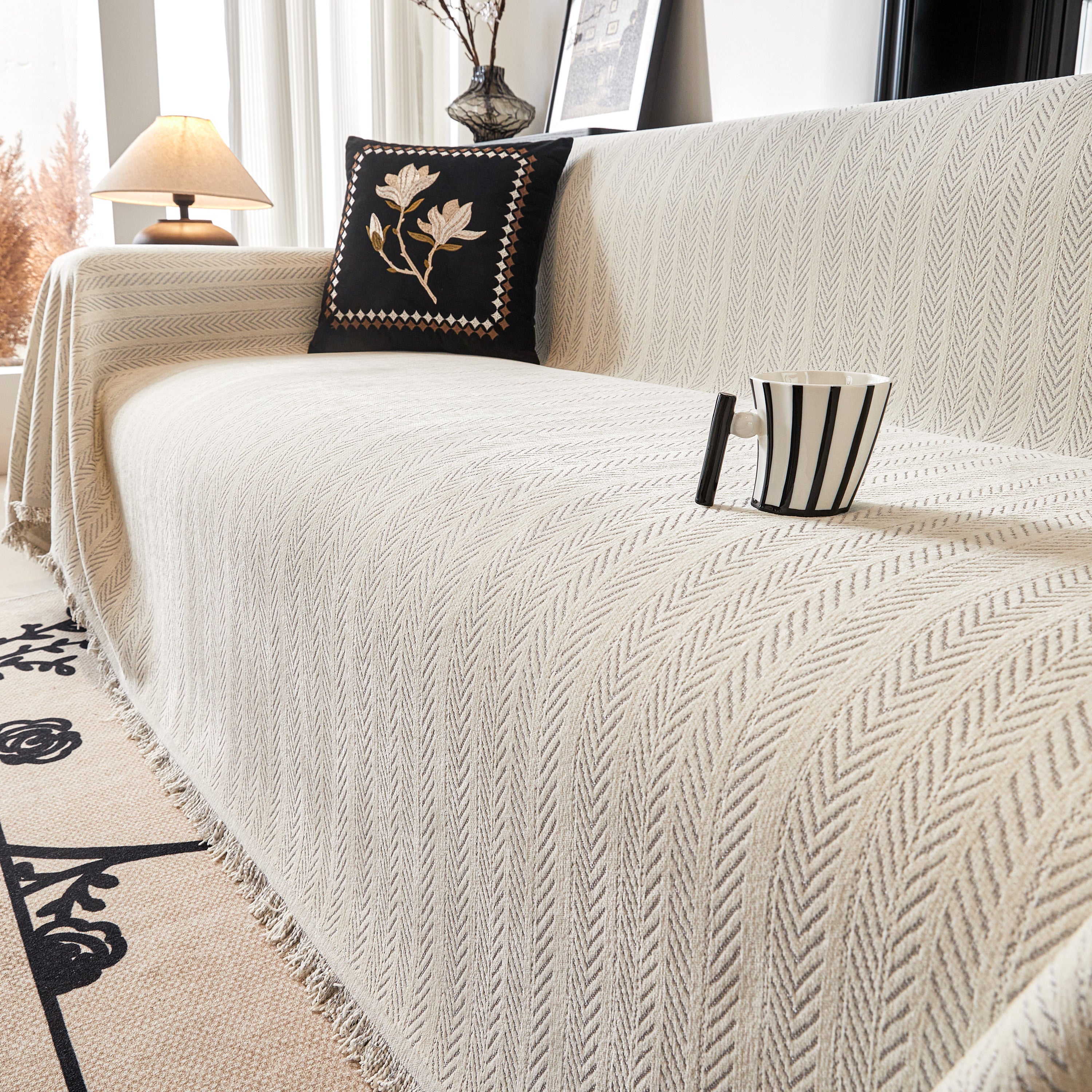 Herringbone Chenille Couch Cover Blanket Soft Durable Throw Sofa Protector With Tassel