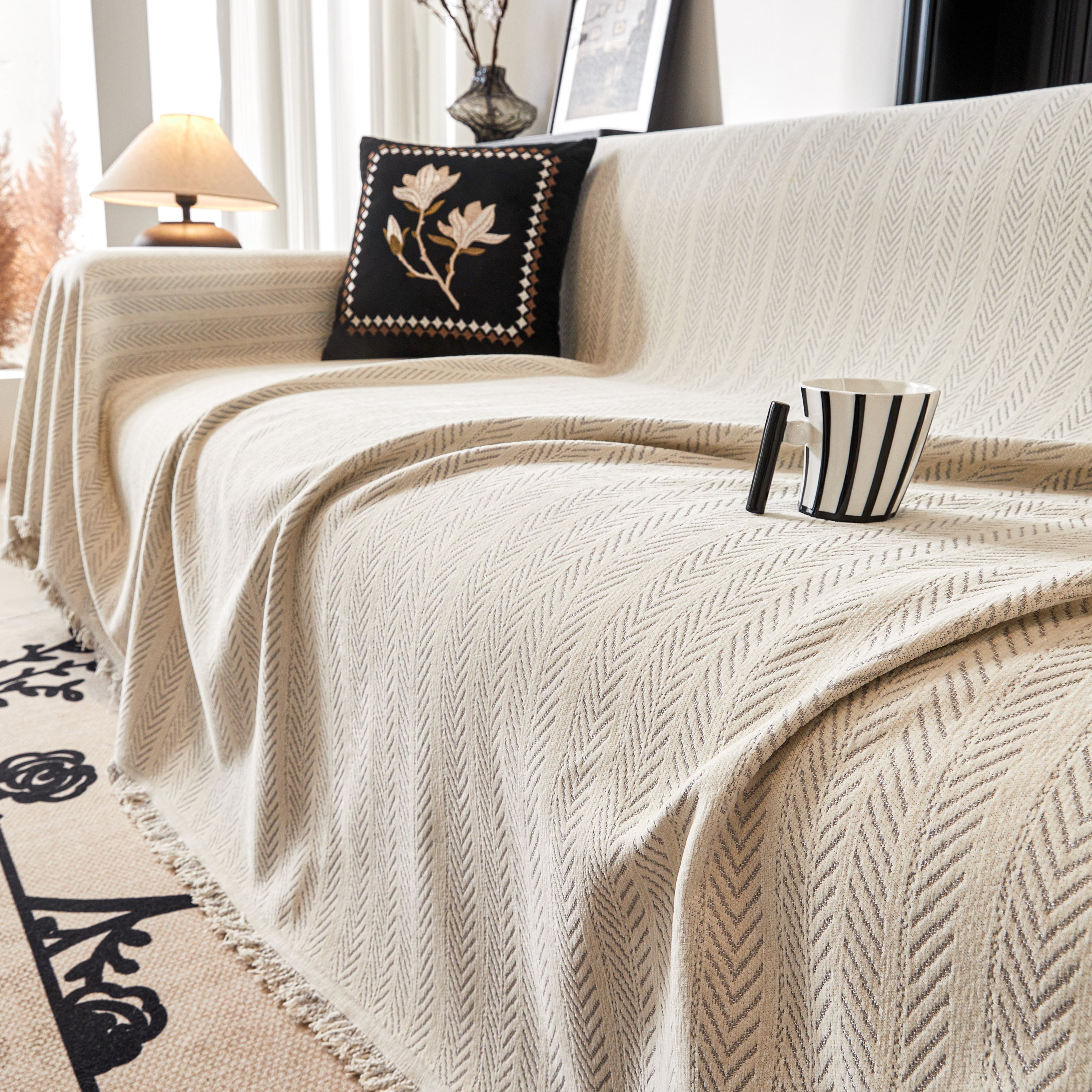 Herringbone Chenille Couch Cover Blanket Soft Durable Throw Sofa Protector With Tassel