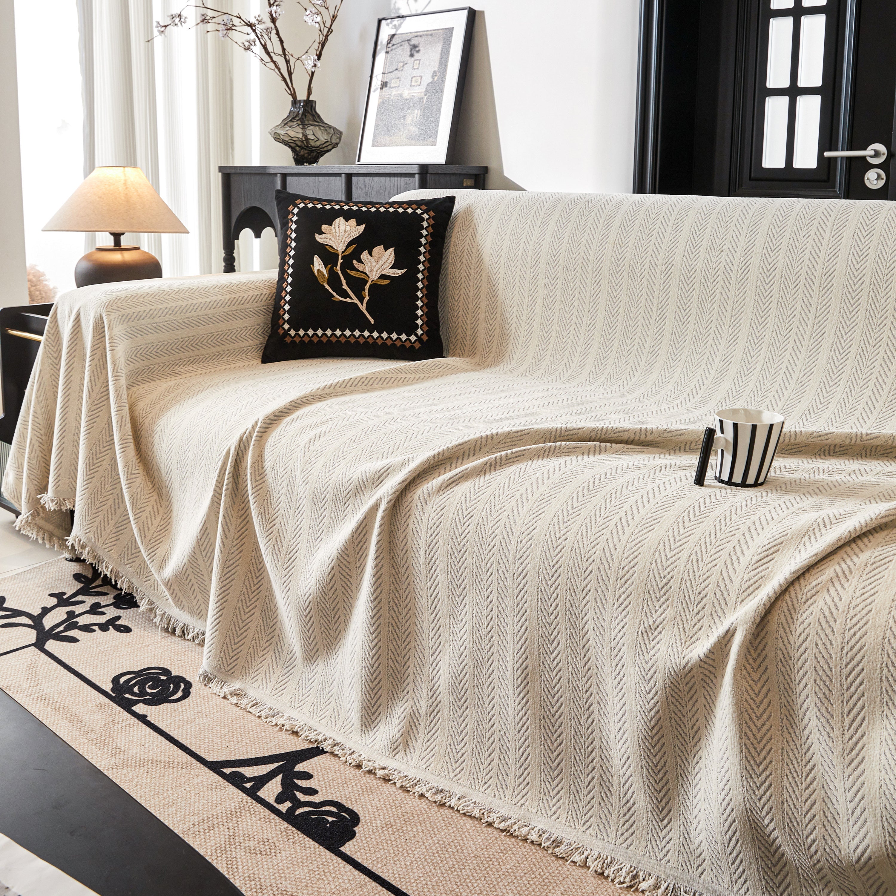 Herringbone Chenille Couch Cover Blanket Soft Durable Throw Sofa Protector With Tassel