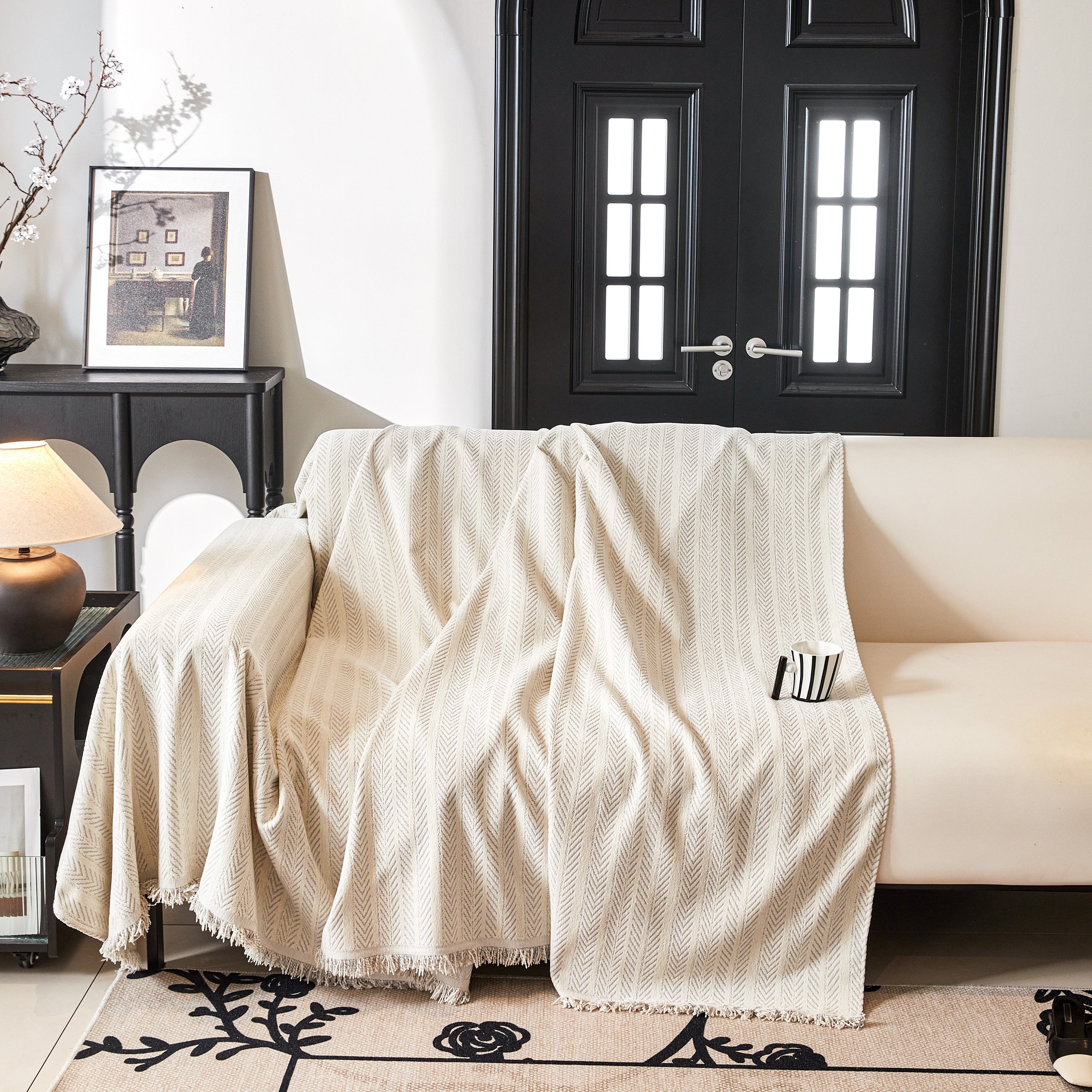 Herringbone Chenille Couch Cover Blanket Soft Durable Throw Sofa Protector With Tassel