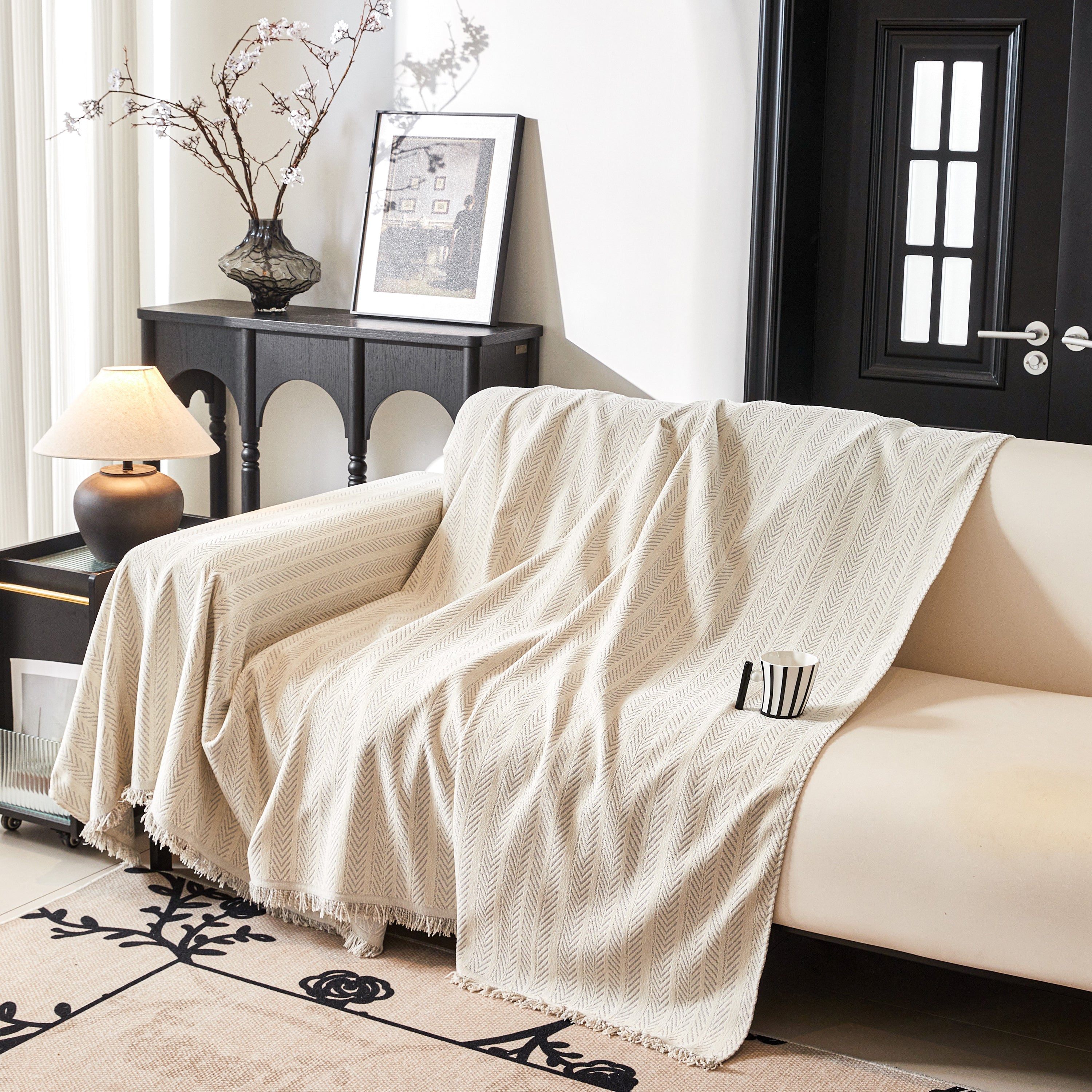 Herringbone Chenille Couch Cover Blanket Soft Durable Throw Sofa Protector With Tassel