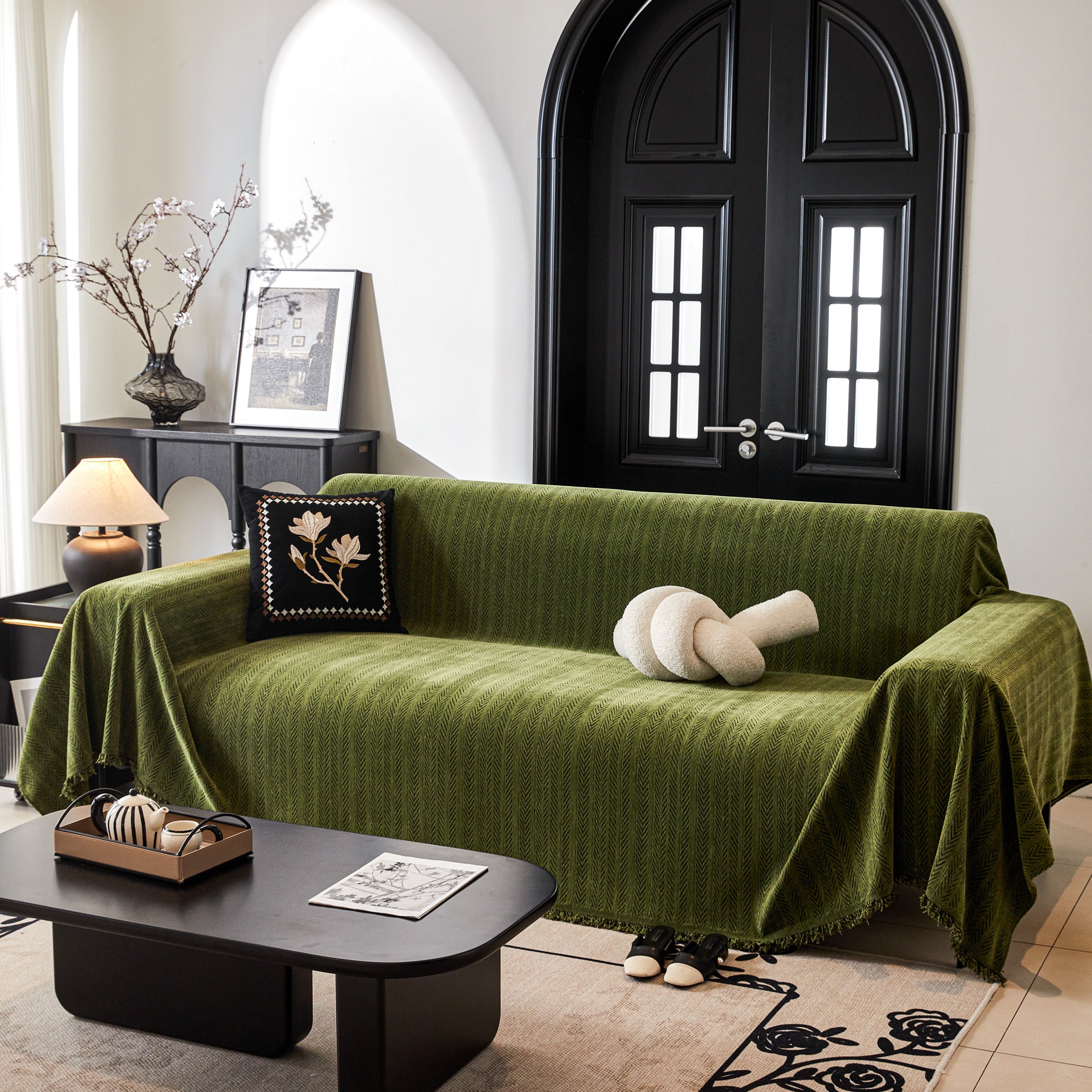 Herringbone Chenille Couch Cover Blanket Soft Durable Throw Sofa Protector With Tassel
