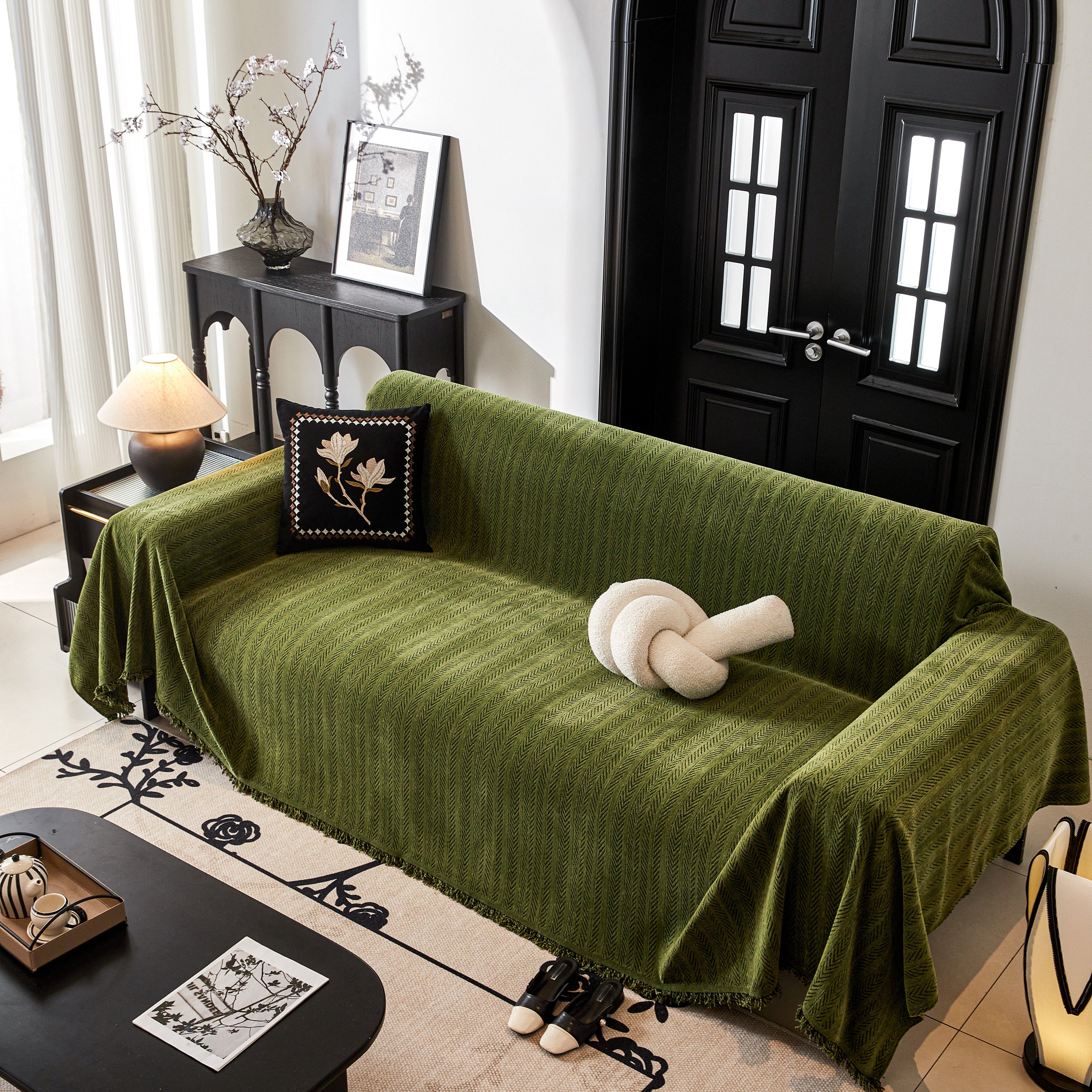 Herringbone Chenille Couch Cover Blanket Soft Durable Throw Sofa Protector With Tassel