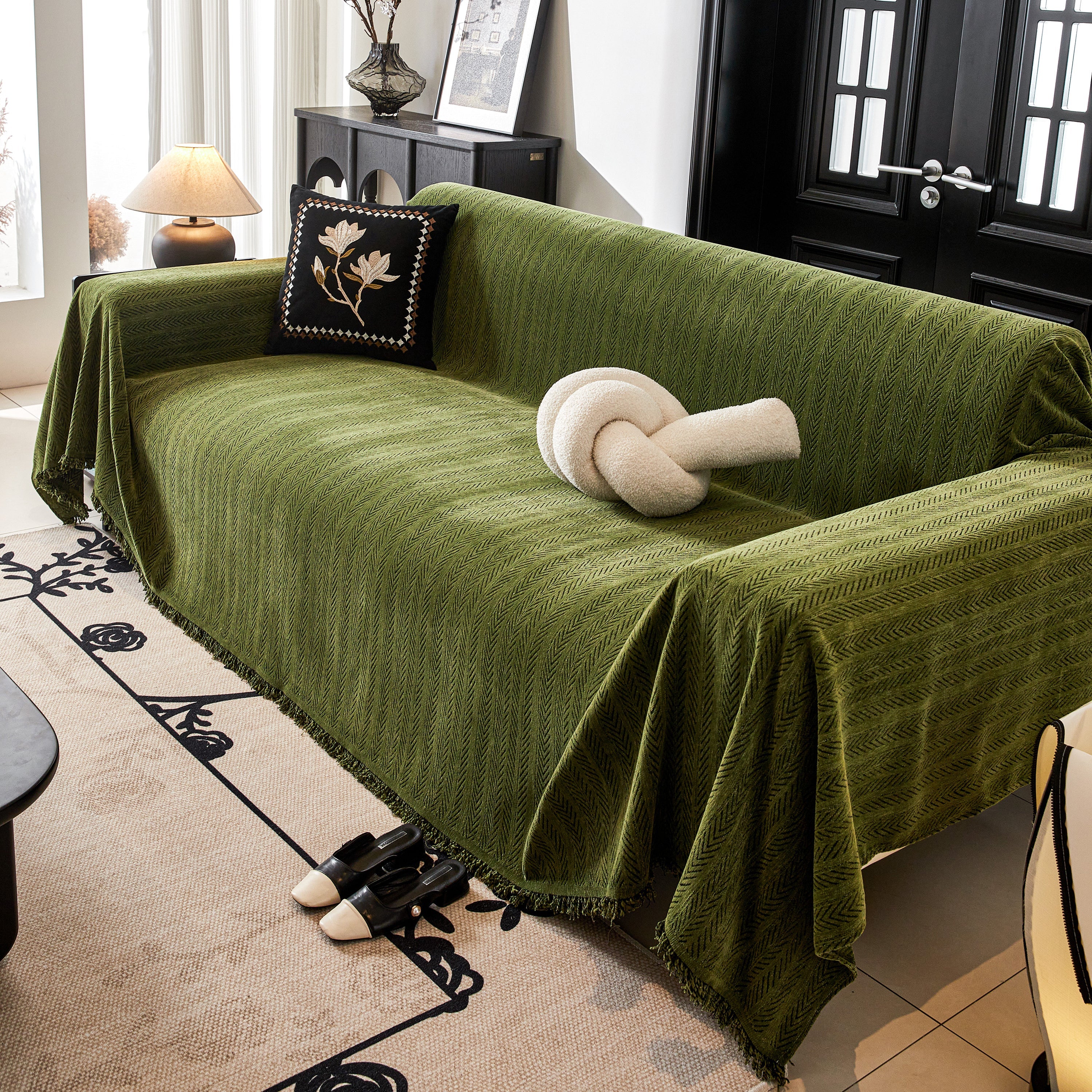 Herringbone Chenille Couch Cover Blanket Soft Durable Throw Sofa Protector With Tassel