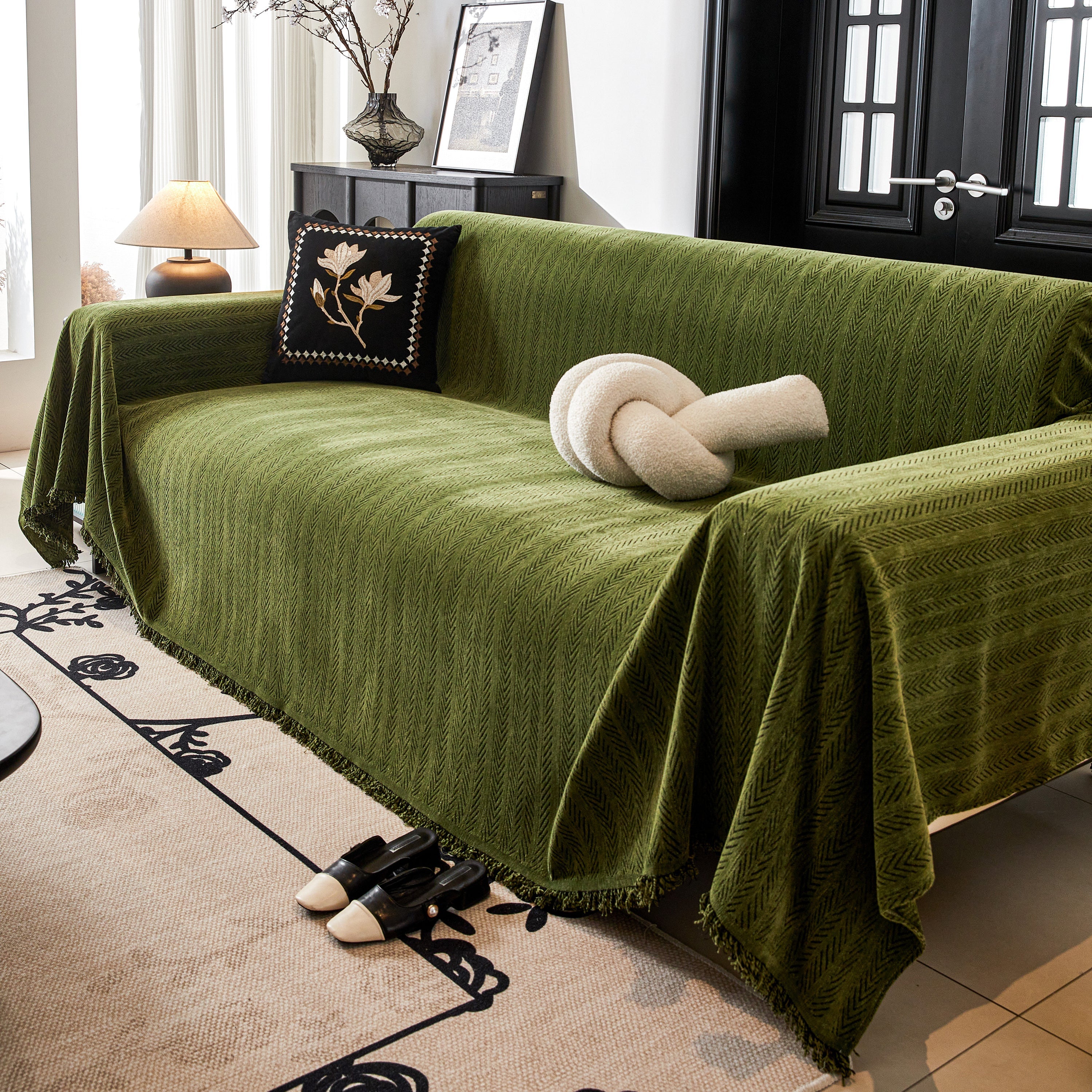 Herringbone Chenille Couch Cover Blanket Soft Durable Throw Sofa Protector With Tassel