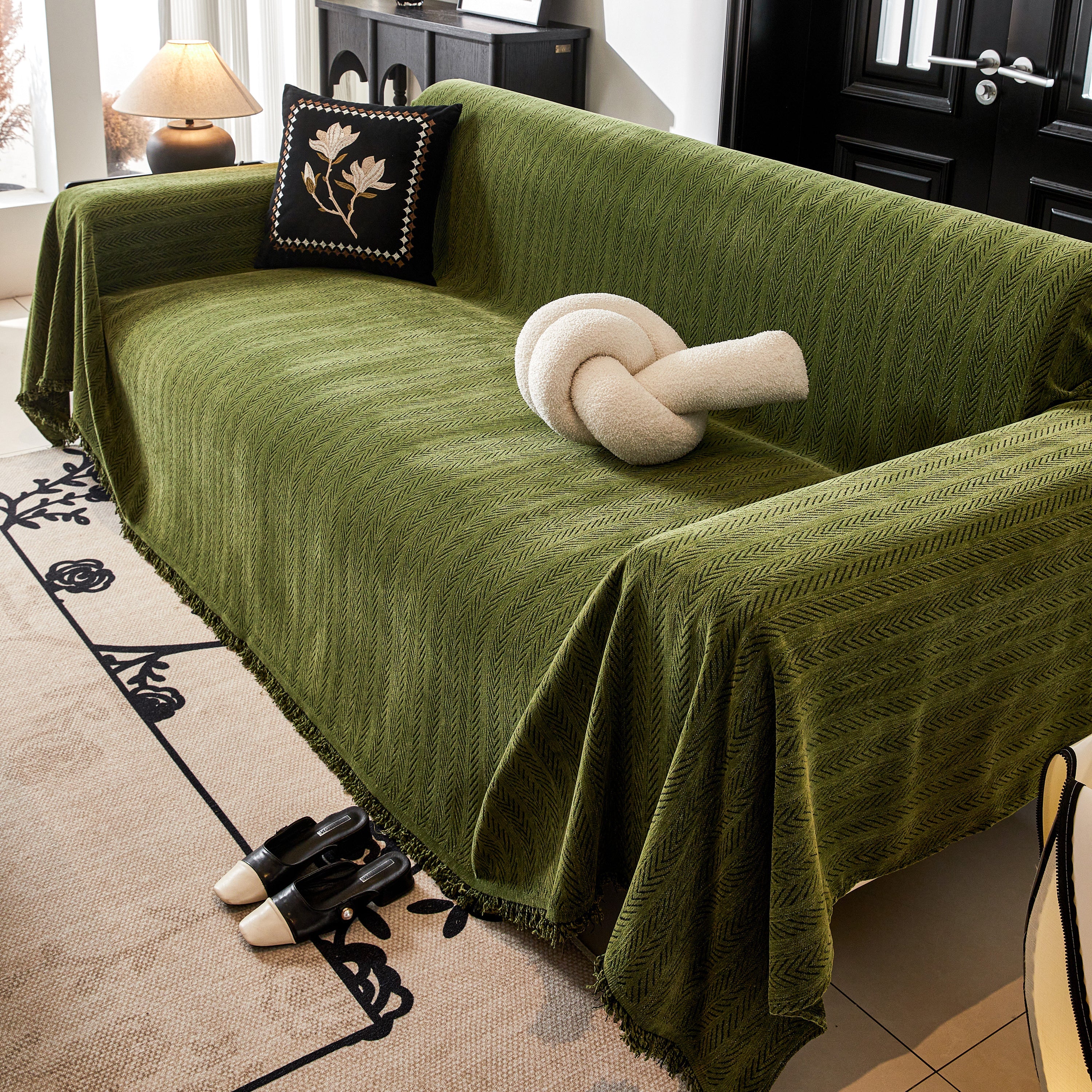 Herringbone Chenille Couch Cover Blanket Soft Durable Throw Sofa Protector With Tassel