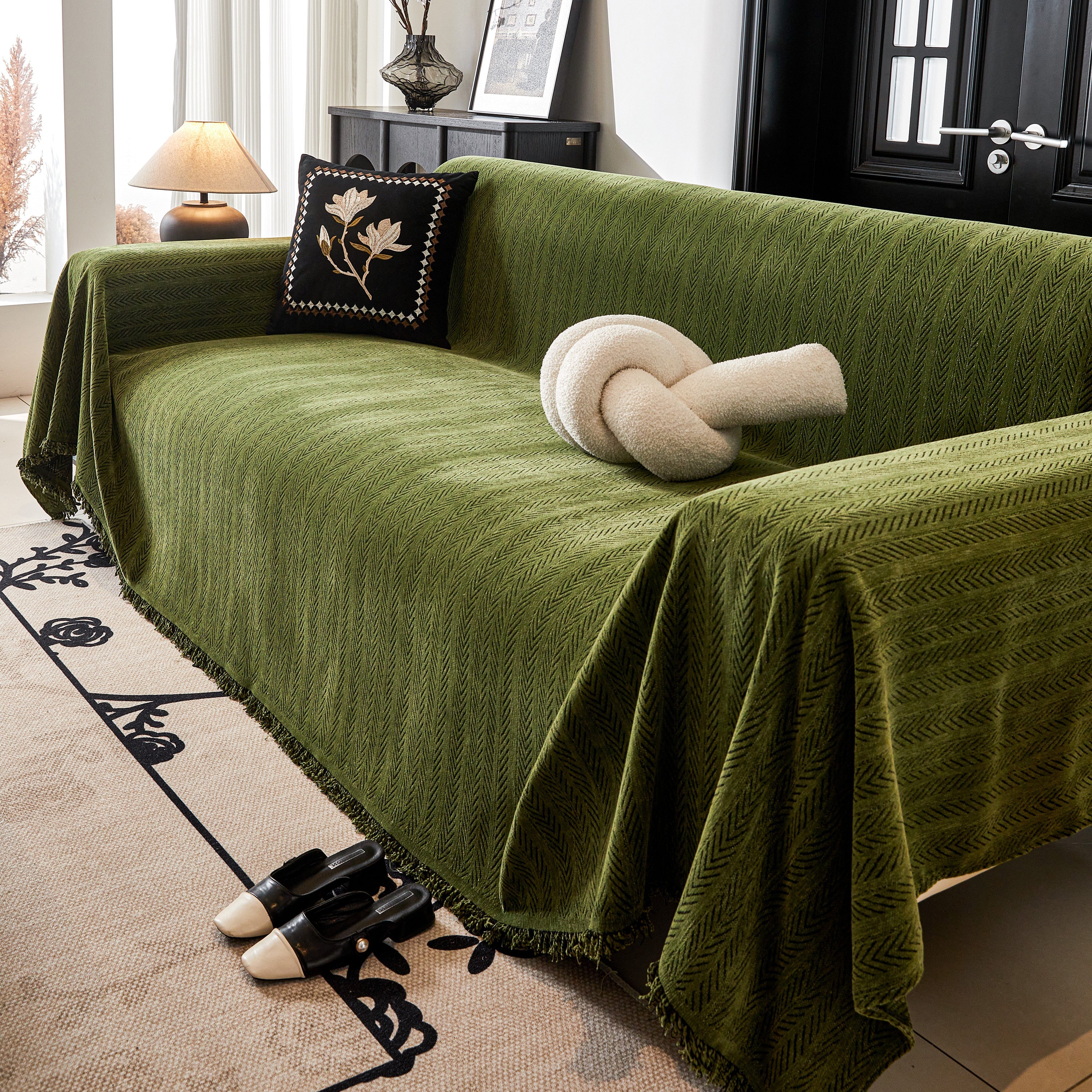 Herringbone Chenille Couch Cover Blanket Soft Durable Throw Sofa Protector With Tassel