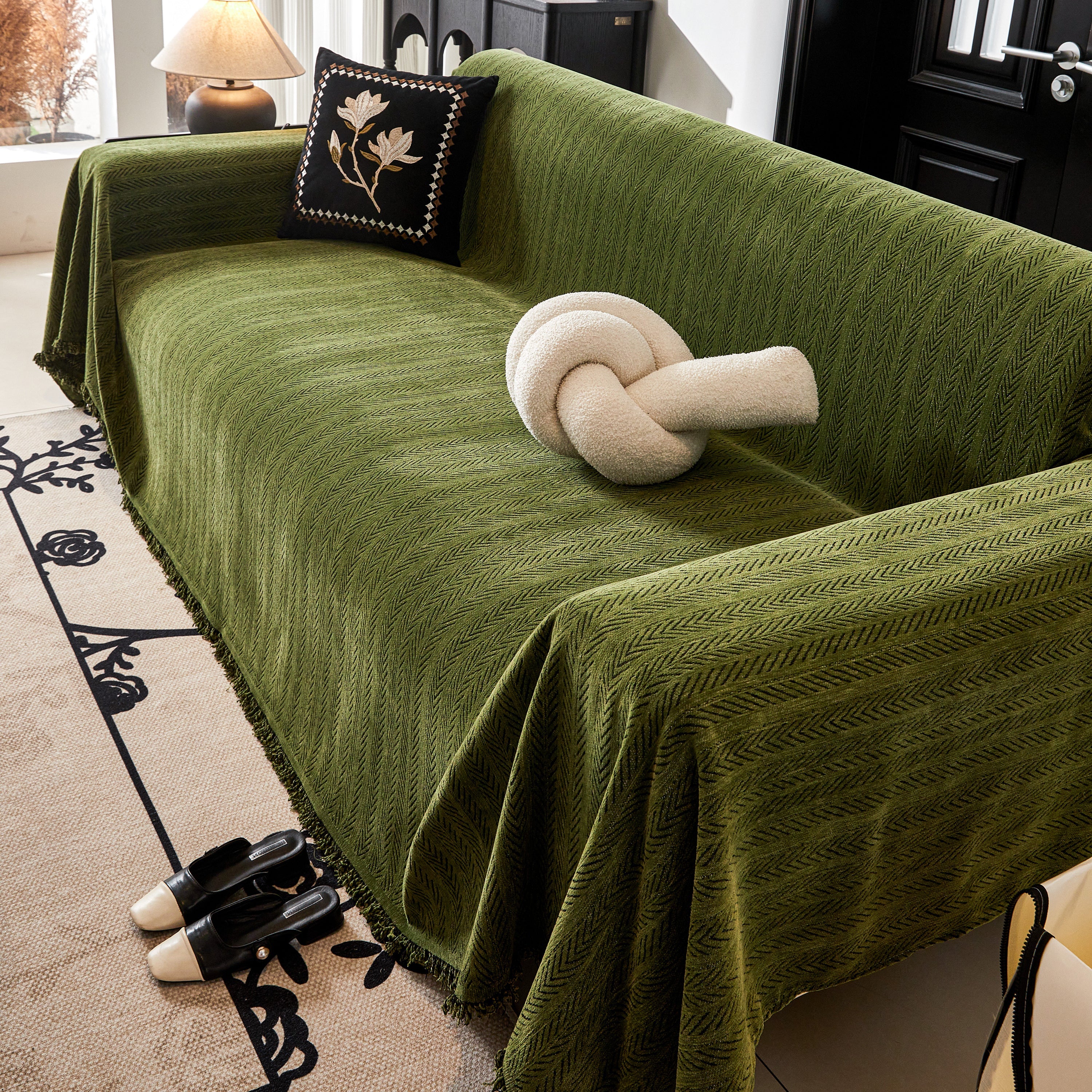 Herringbone Chenille Couch Cover Blanket Soft Durable Throw Sofa Protector With Tassel