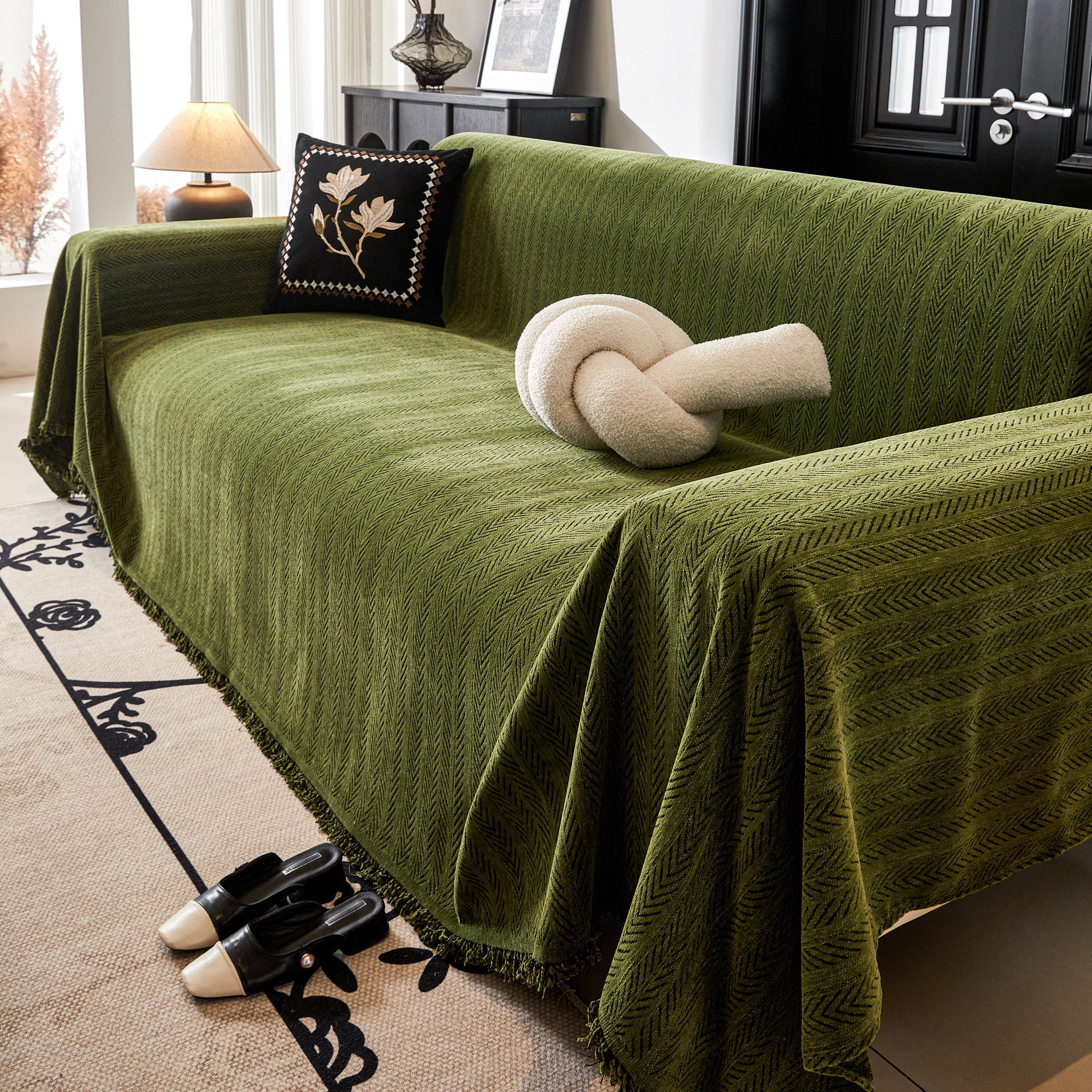 Herringbone Chenille Couch Cover Blanket Soft Durable Throw Sofa Protector With Tassel