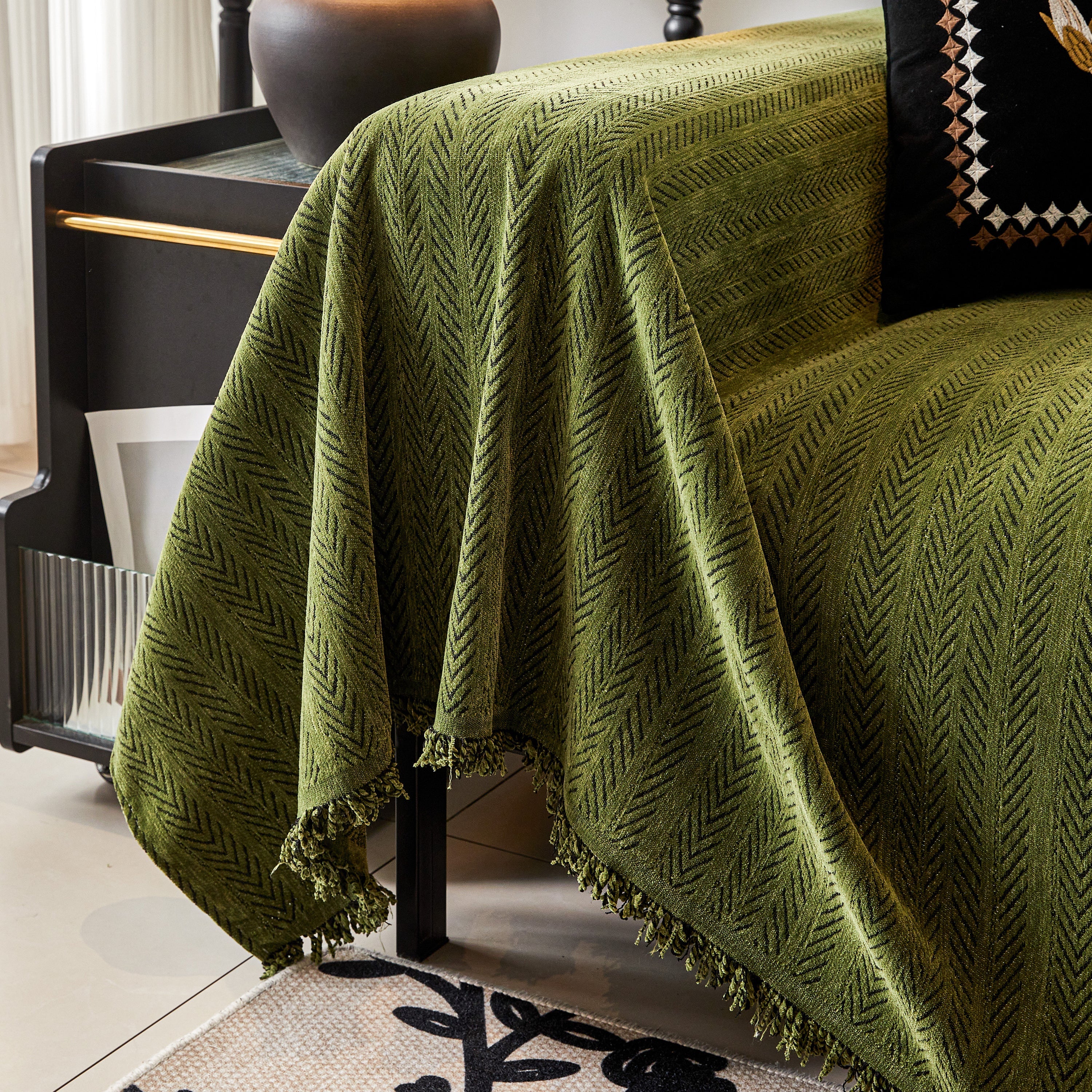 Herringbone Chenille Couch Cover Blanket Soft Durable Throw Sofa Protector With Tassel