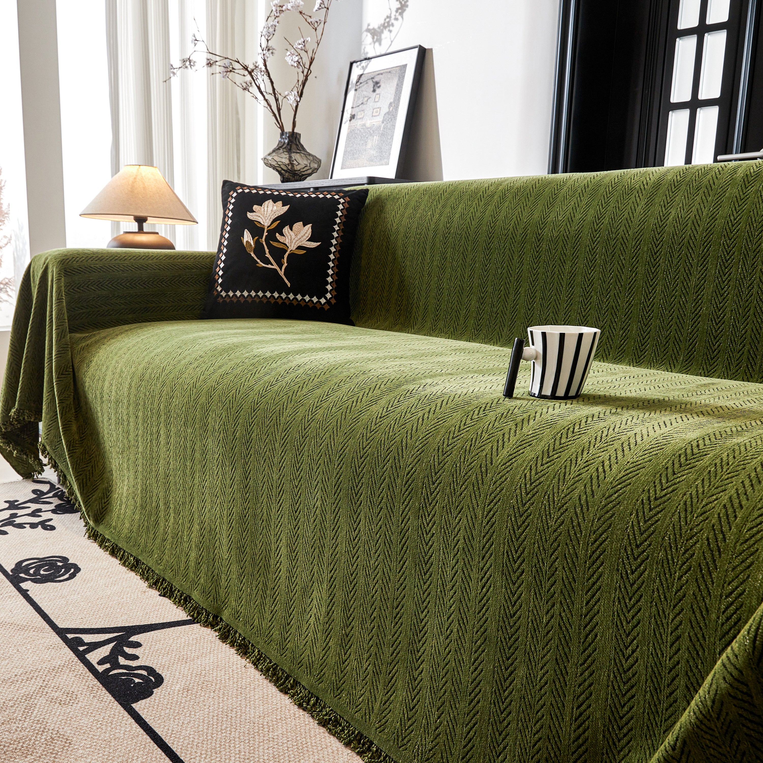 Herringbone Chenille Couch Cover Blanket Soft Durable Throw Sofa Protector With Tassel