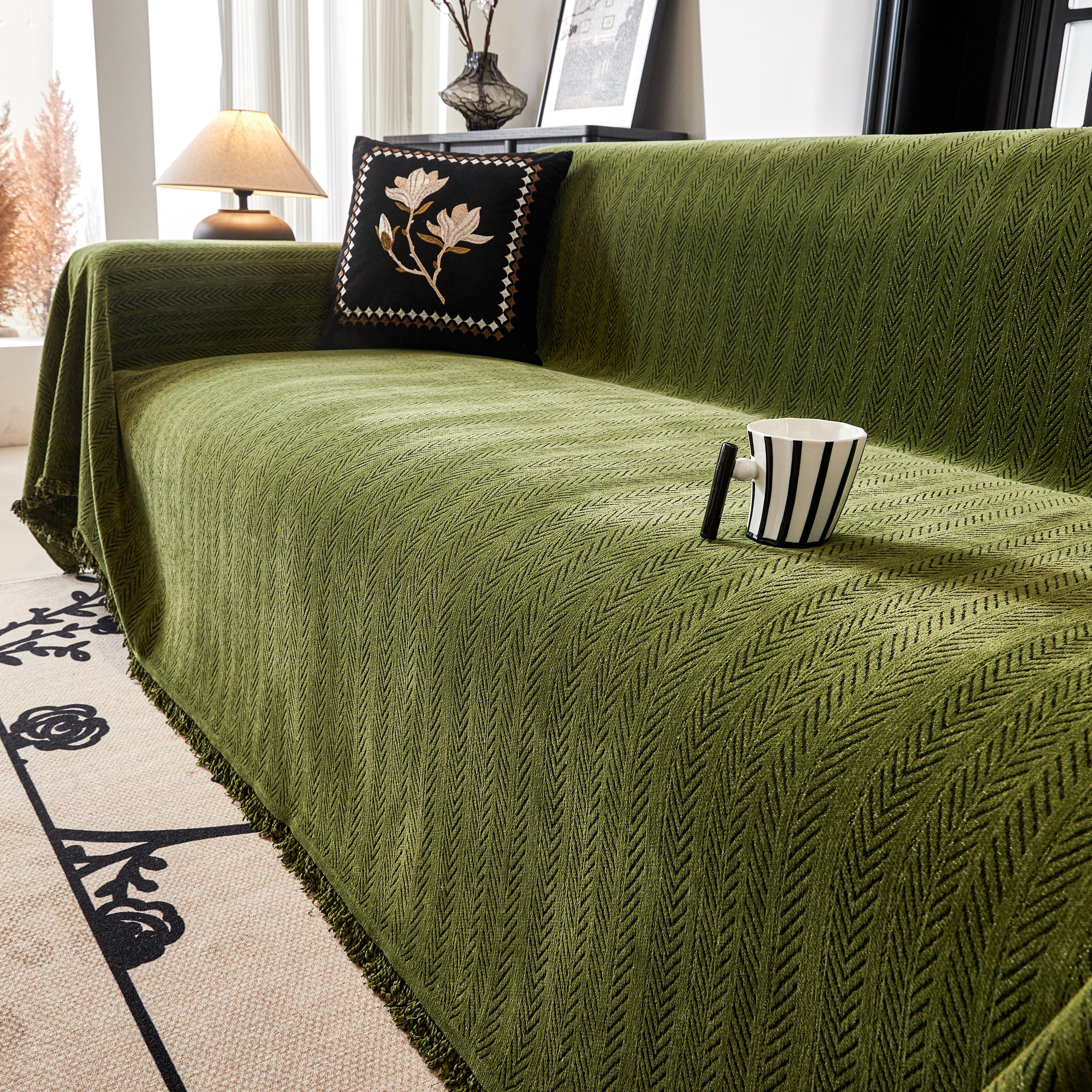 Herringbone Chenille Couch Cover Blanket Soft Durable Throw Sofa Protector With Tassel
