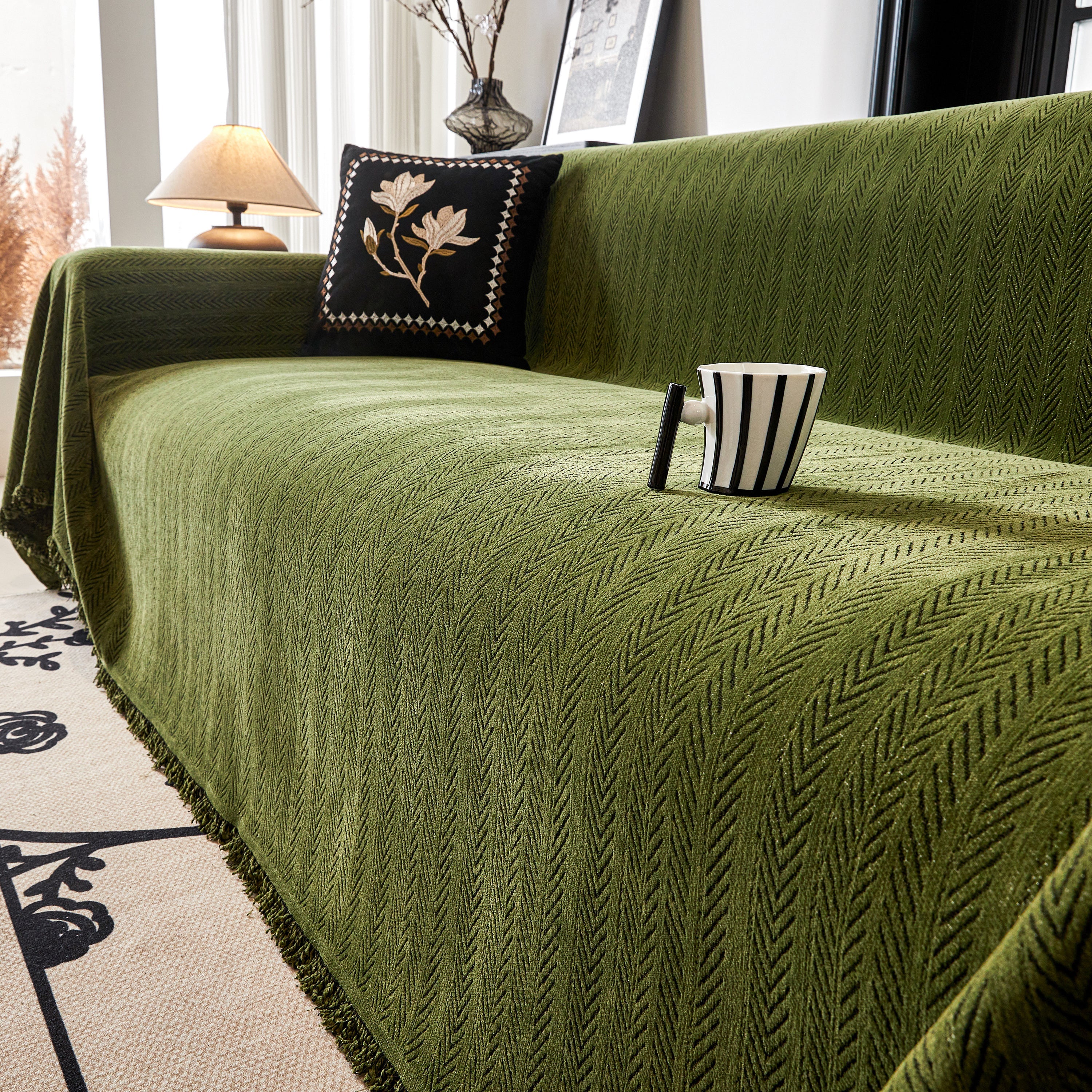 Herringbone Chenille Couch Cover Blanket Soft Durable Throw Sofa Protector With Tassel