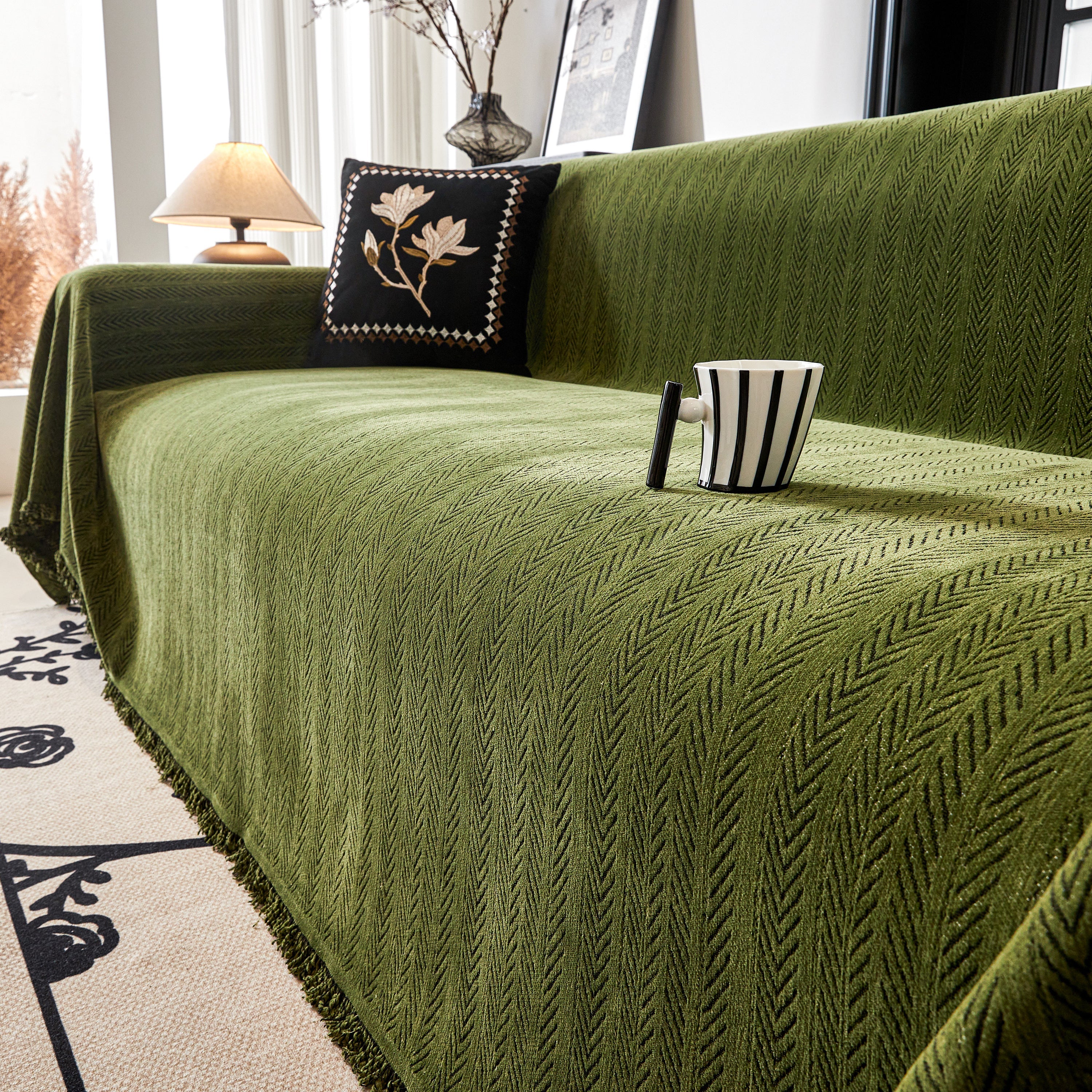 Herringbone Chenille Couch Cover Blanket Soft Durable Throw Sofa Protector With Tassel