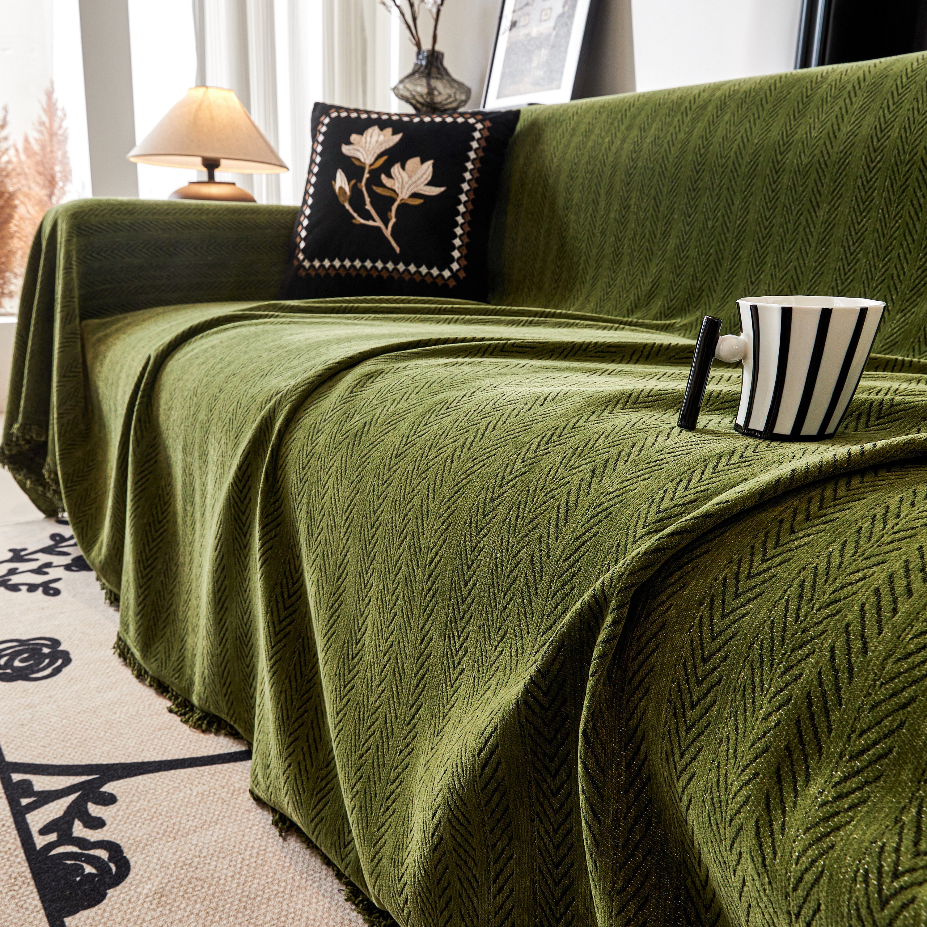 Herringbone Chenille Couch Cover Blanket Soft Durable Throw Sofa Protector With Tassel