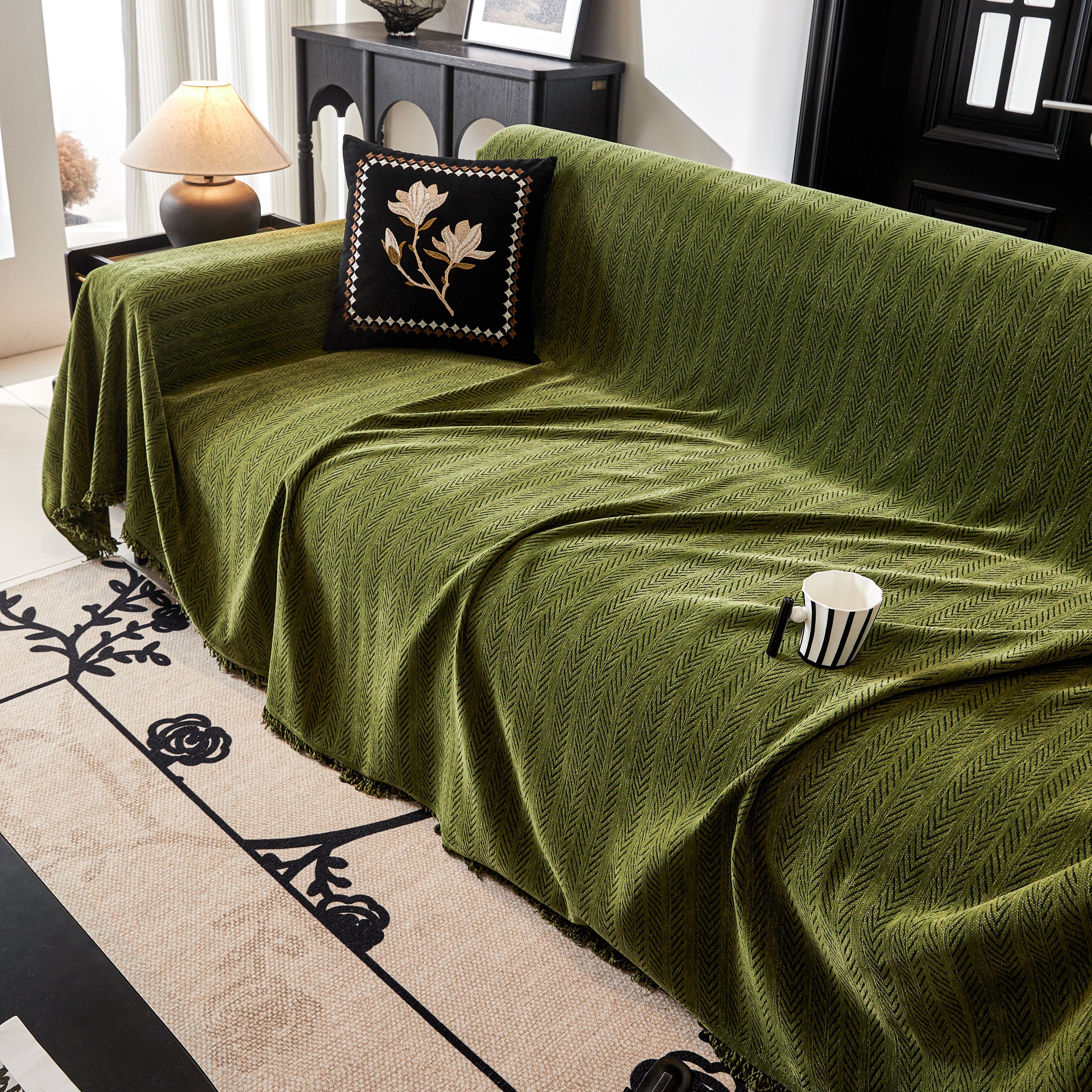 Herringbone Chenille Couch Cover Blanket Soft Durable Throw Sofa Protector With Tassel