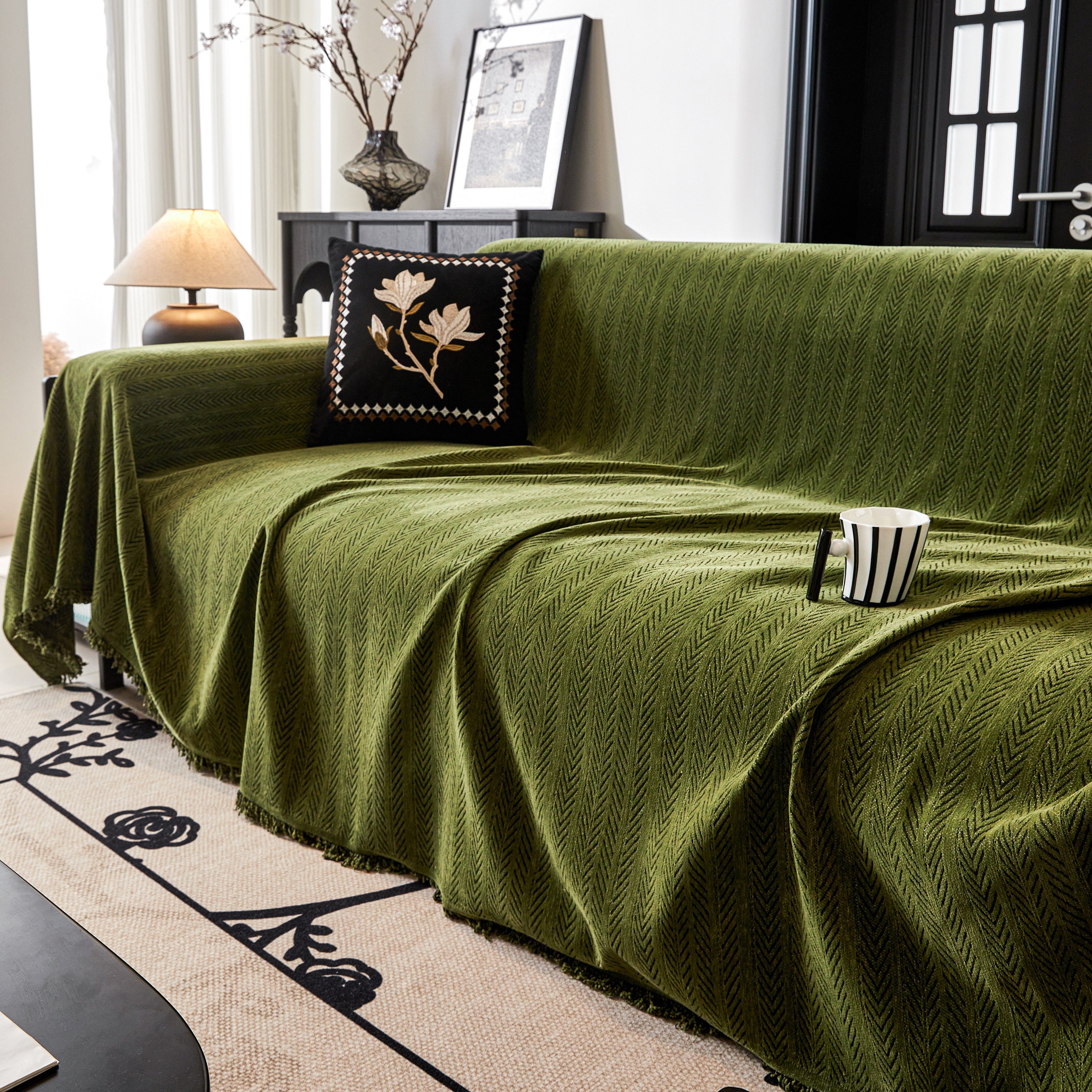 Herringbone Chenille Couch Cover Blanket Soft Durable Throw Sofa Protector With Tassel