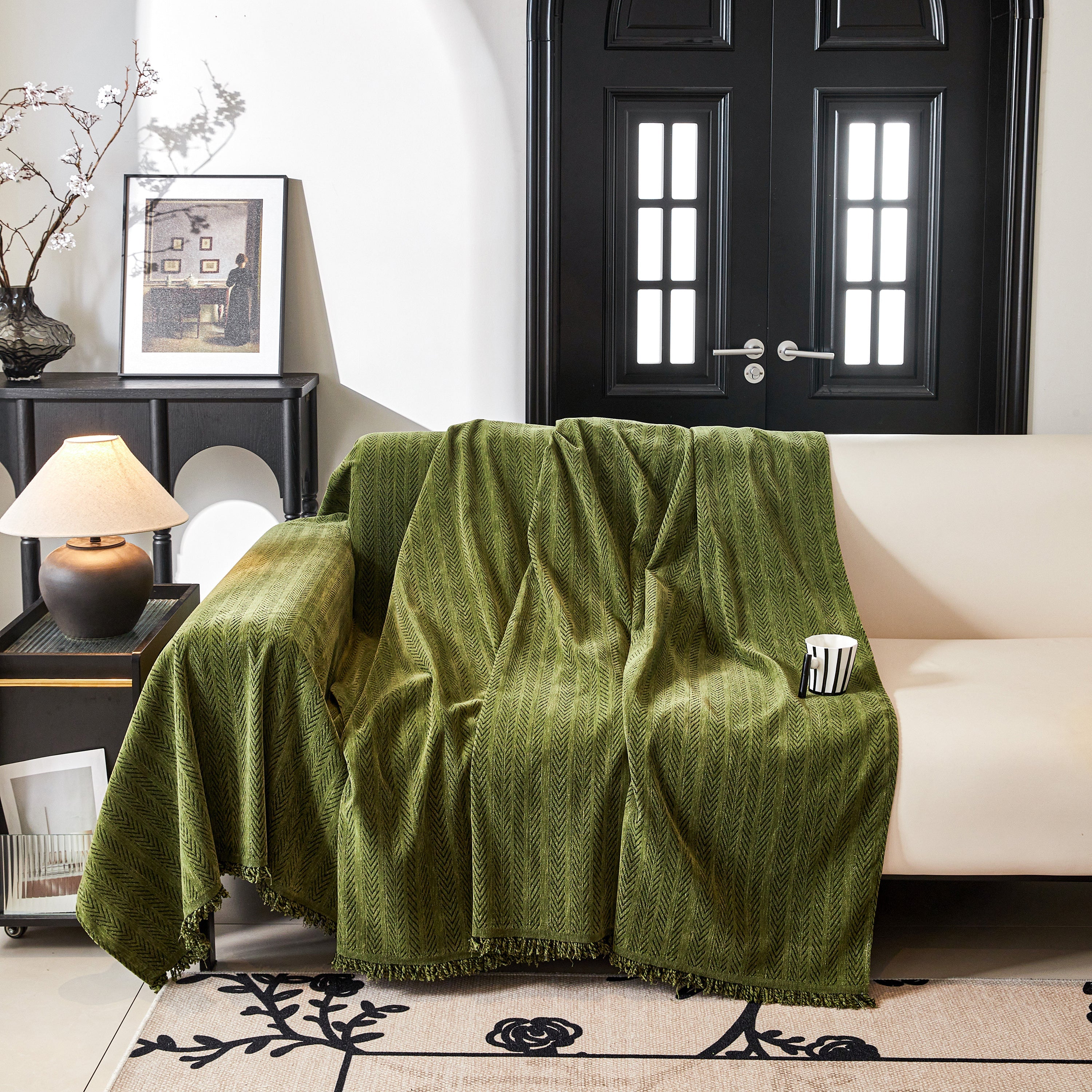 Herringbone Chenille Couch Cover Blanket Soft Durable Throw Sofa Protector With Tassel