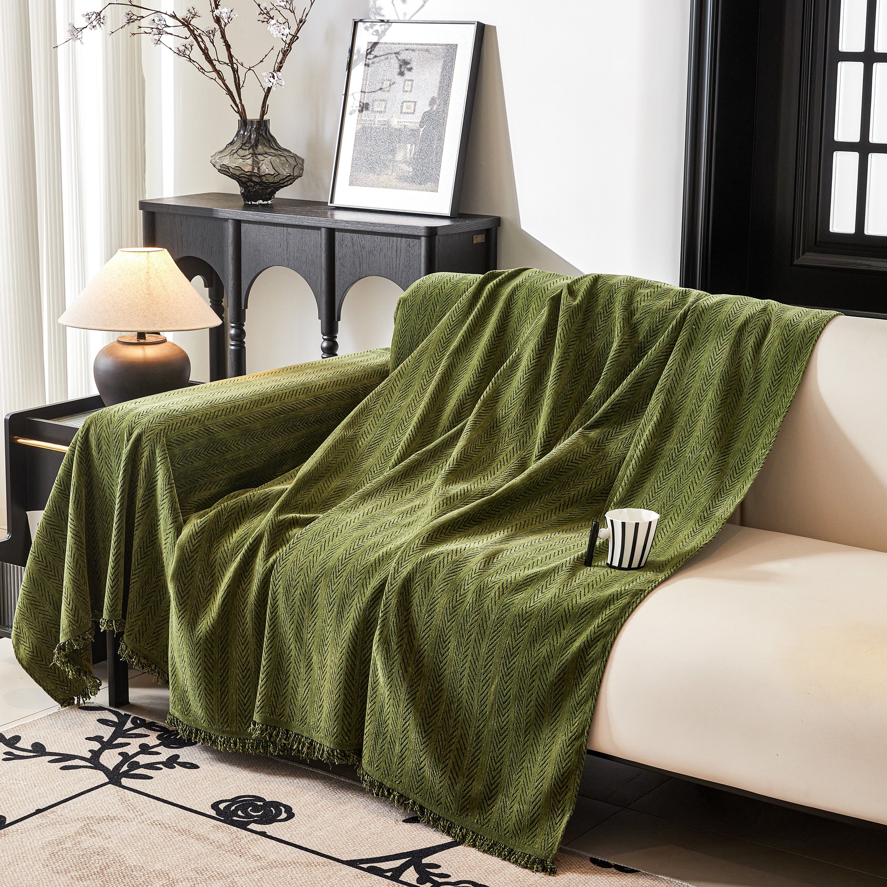Herringbone Chenille Couch Cover Blanket Soft Durable Throw Sofa Protector With Tassel