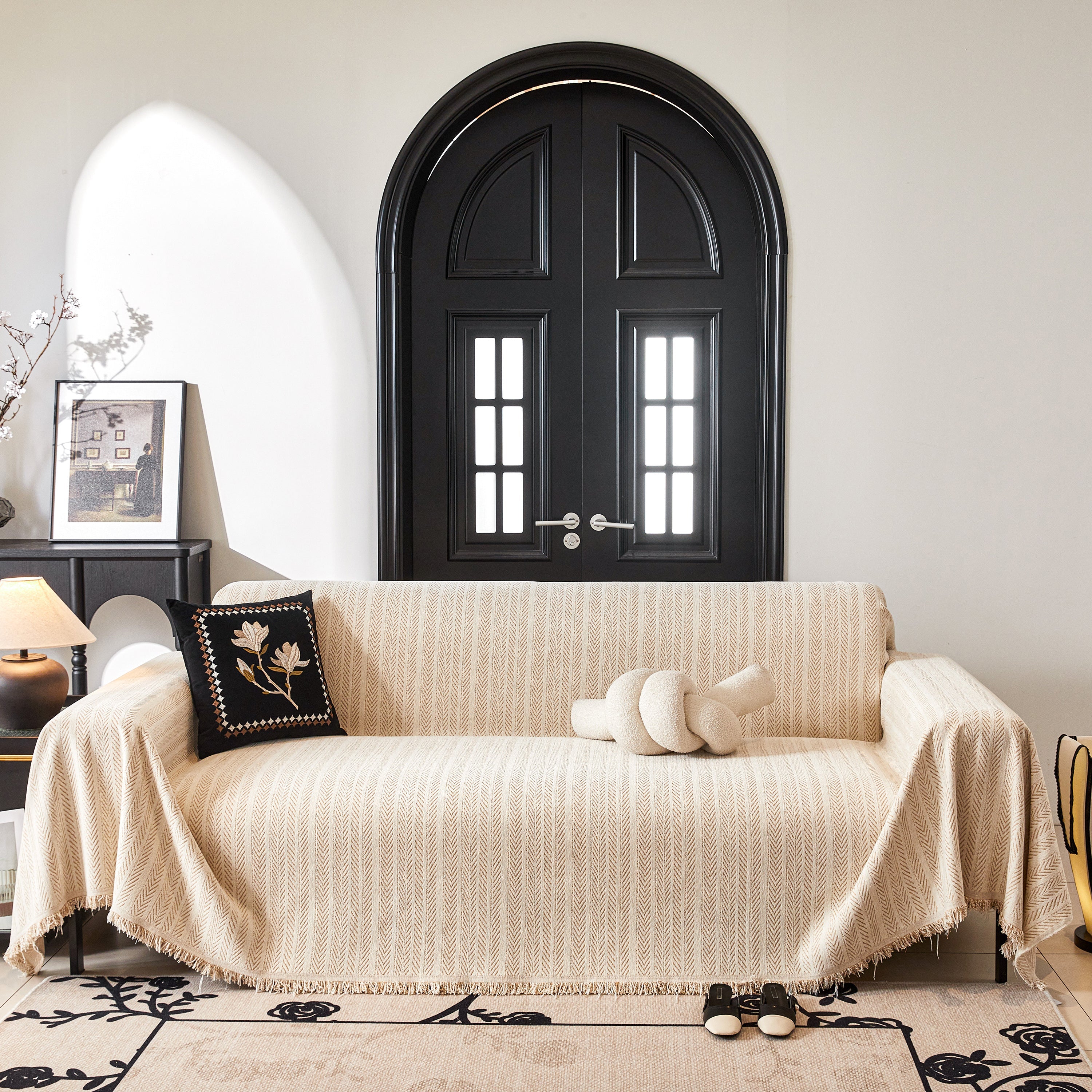 Herringbone Chenille Couch Cover Blanket Soft Durable Throw Sofa Protector With Tassel