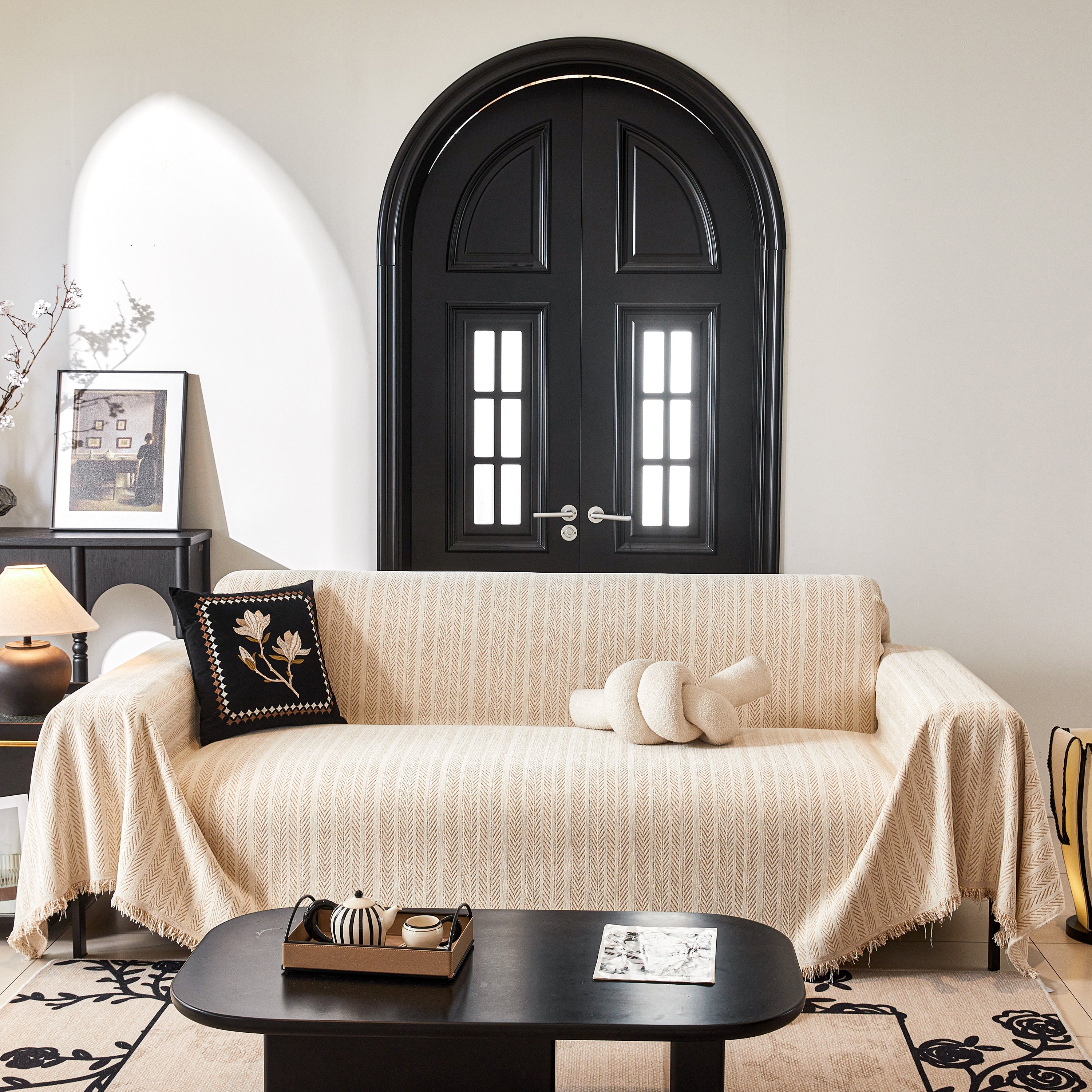 Herringbone Chenille Couch Cover Blanket Soft Durable Throw Sofa Protector With Tassel