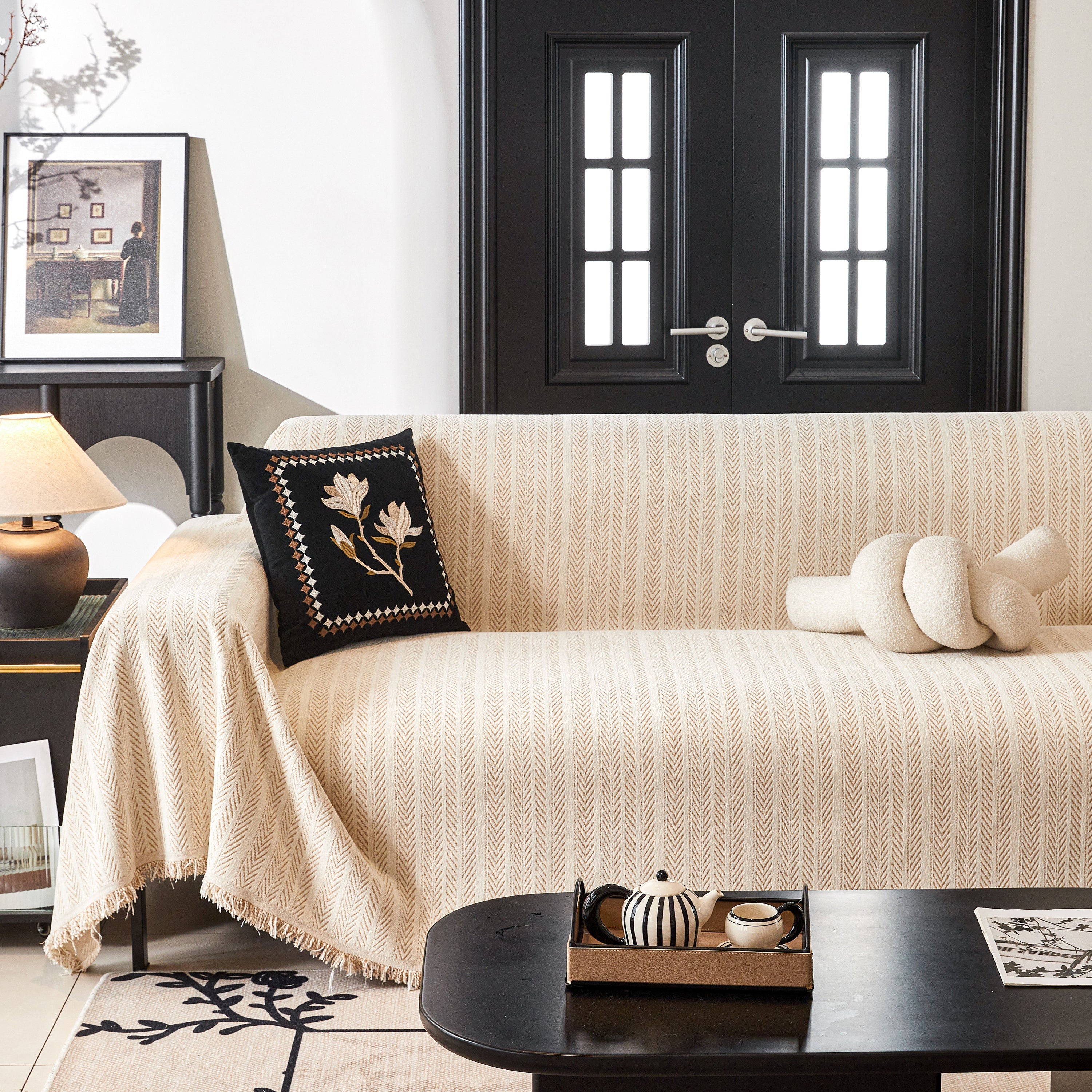 Herringbone Chenille Couch Cover Blanket Soft Durable Throw Sofa Protector With Tassel