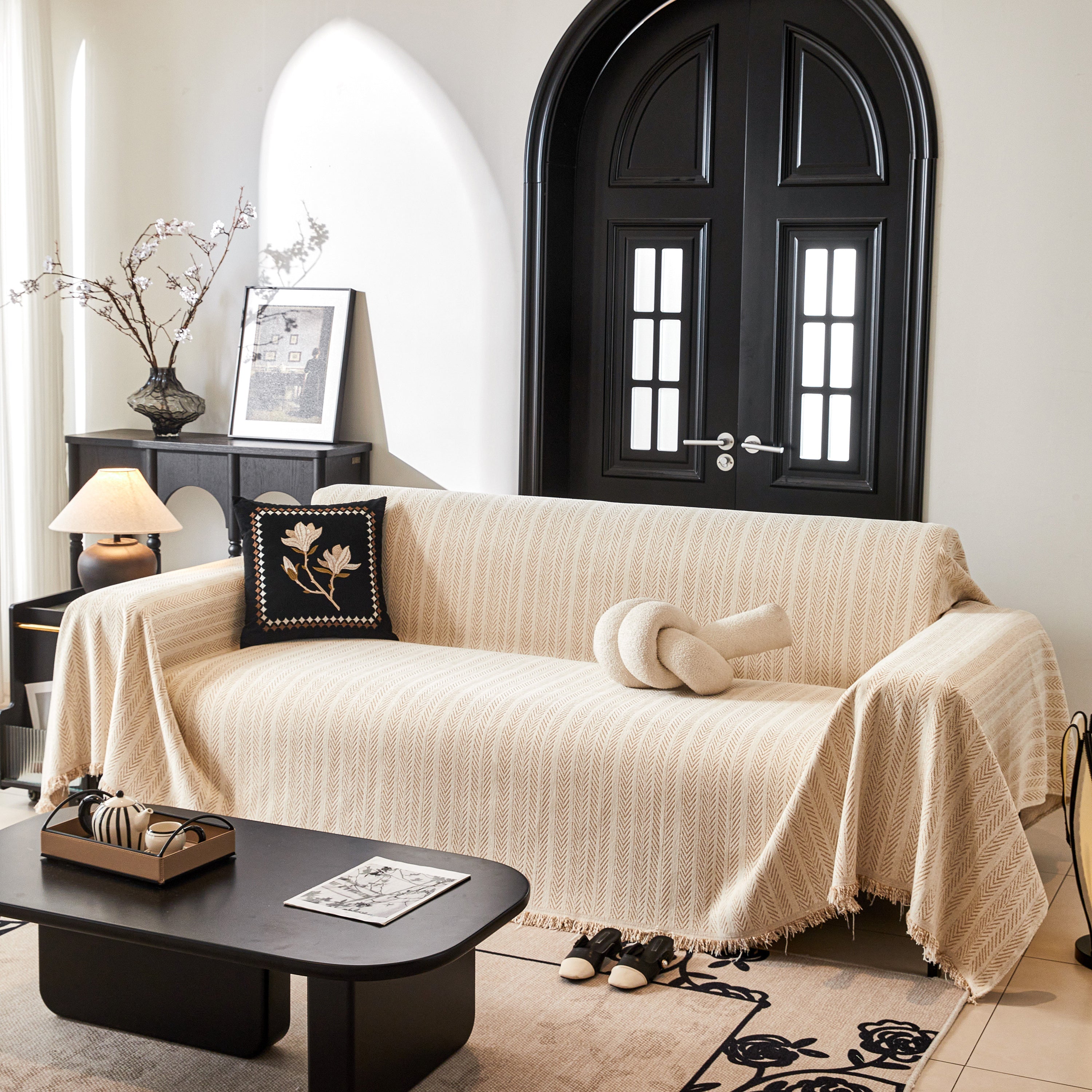 Herringbone Chenille Couch Cover Blanket Soft Durable Throw Sofa Protector With Tassel