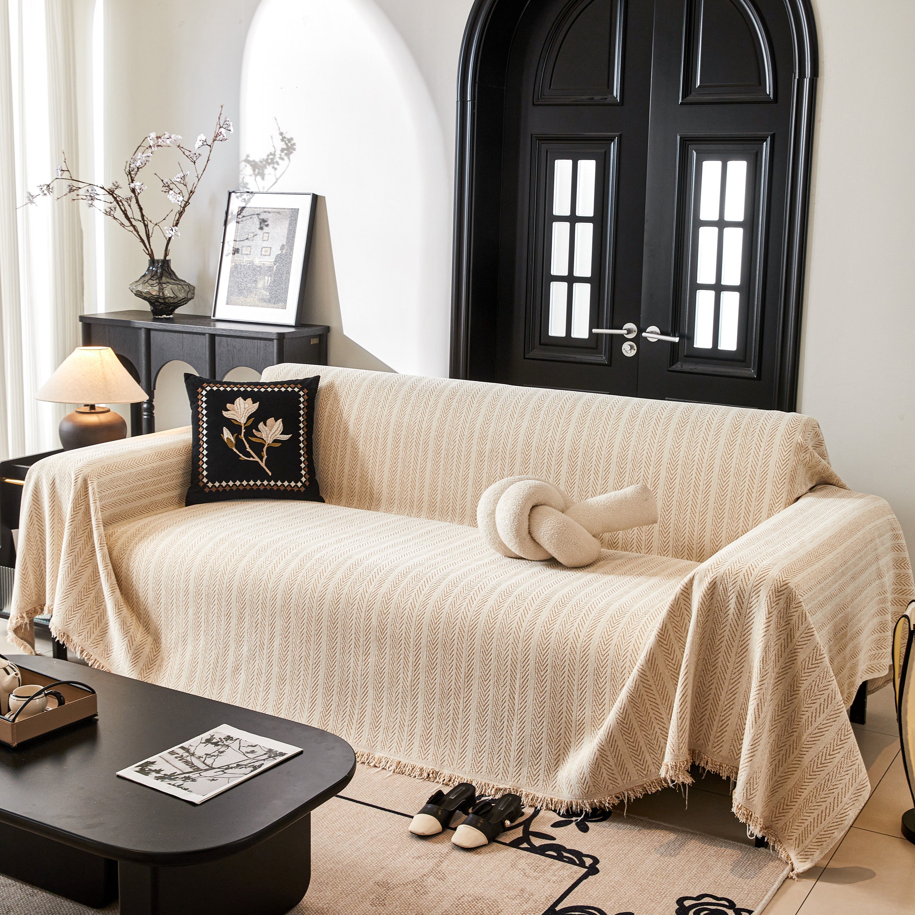 Herringbone Chenille Couch Cover Blanket Soft Durable Throw Sofa Protector With Tassel