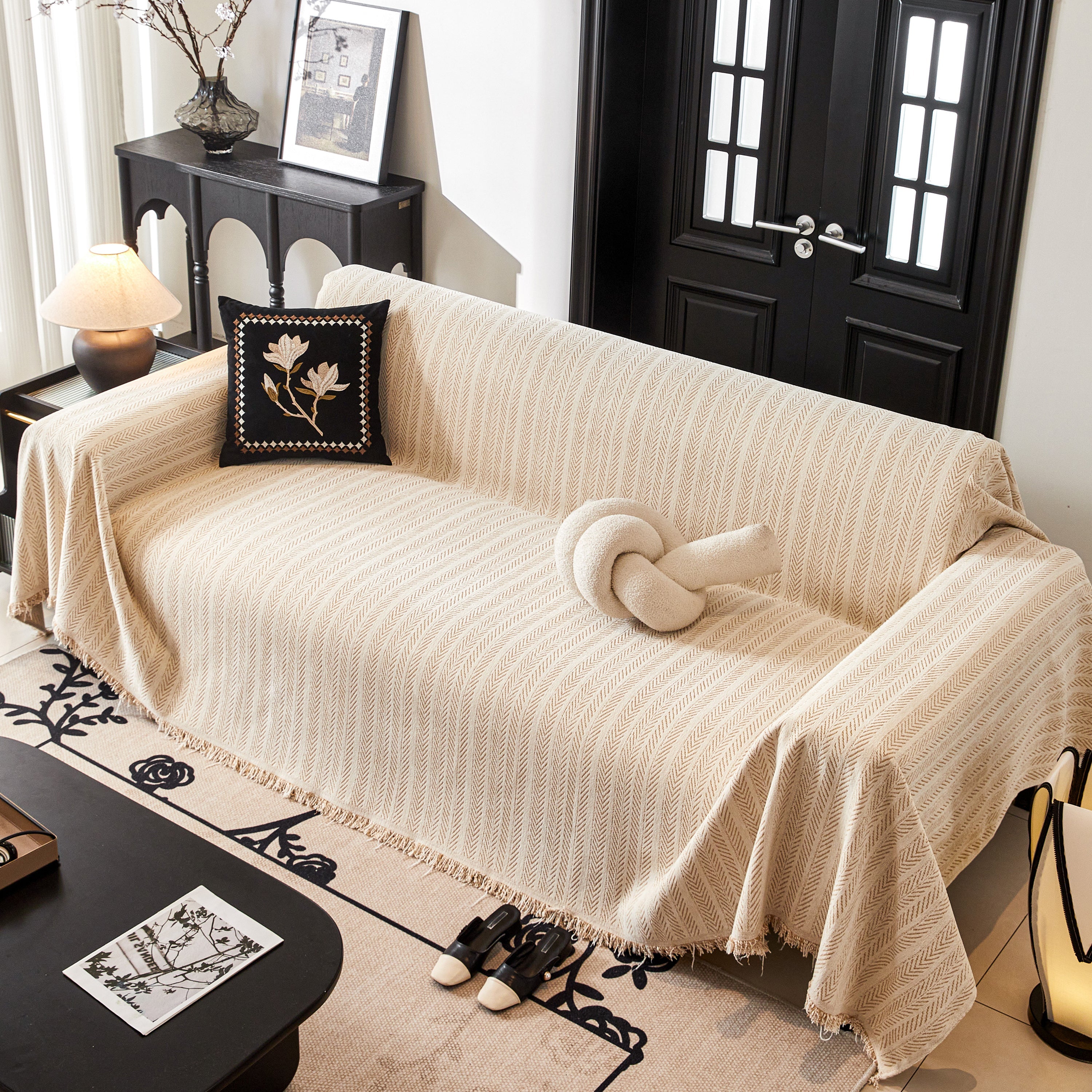 Herringbone Chenille Couch Cover Blanket Soft Durable Throw Sofa Protector With Tassel