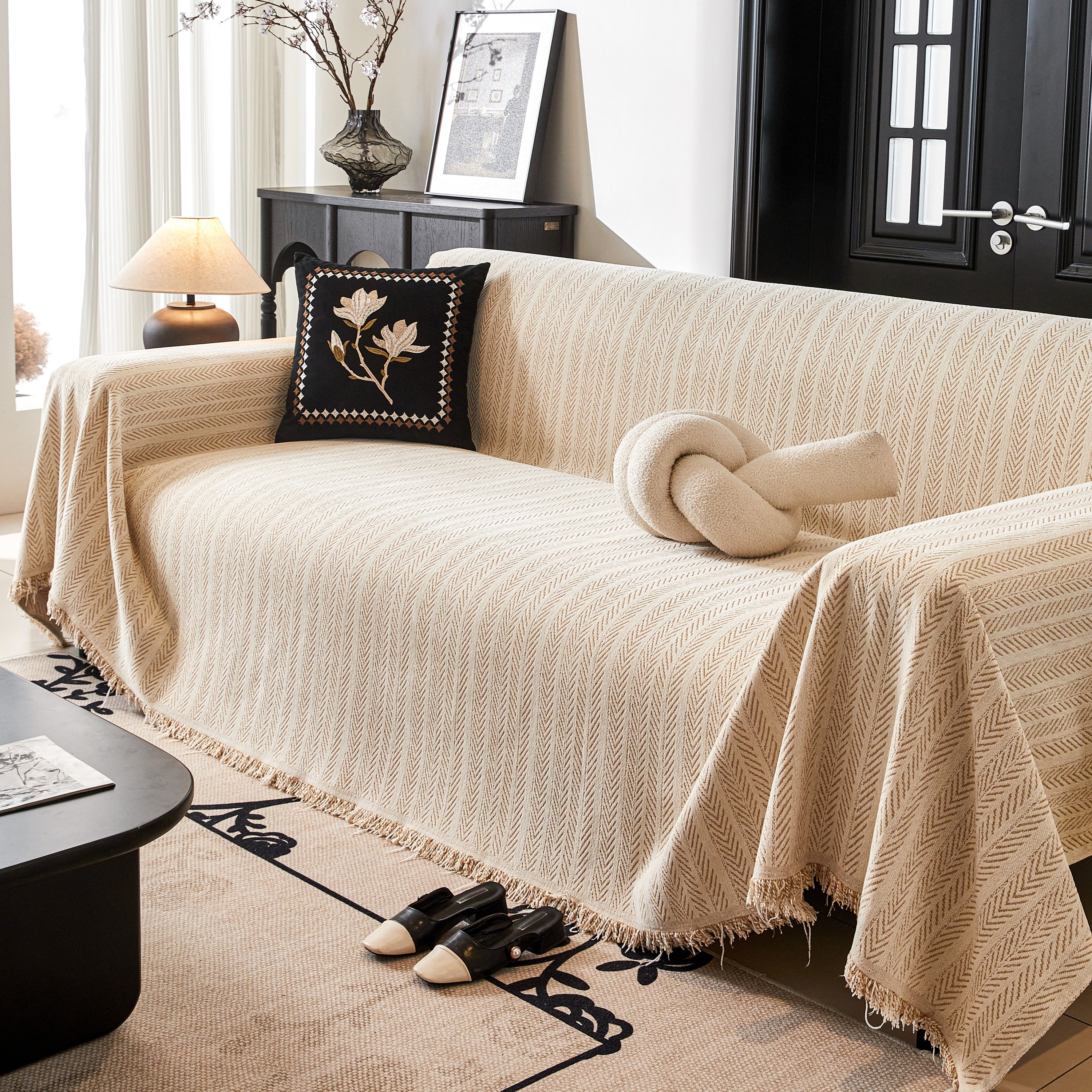 Herringbone Chenille Couch Cover Blanket Soft Durable Throw Sofa Protector With Tassel