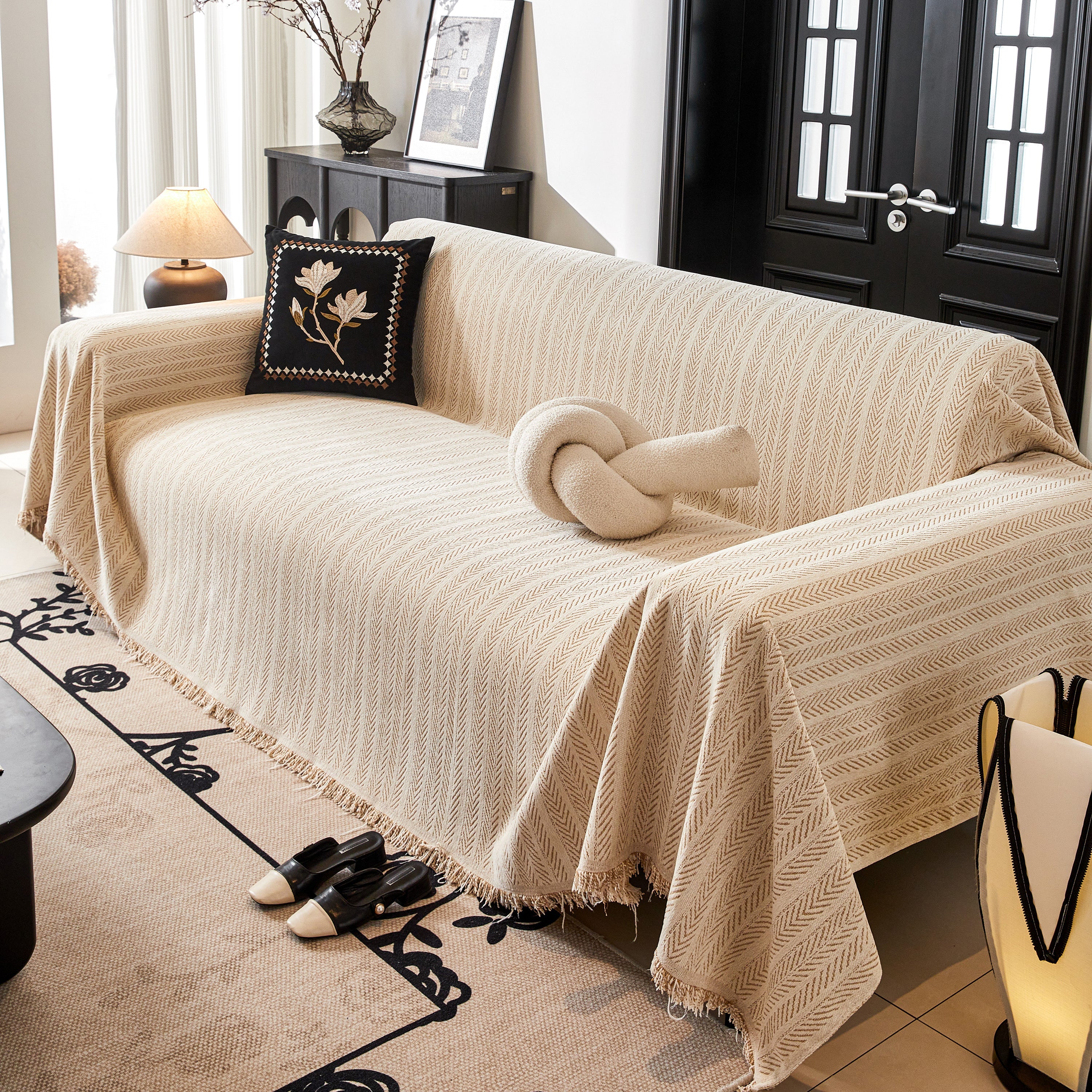 Herringbone Chenille Couch Cover Blanket Soft Durable Throw Sofa Protector With Tassel
