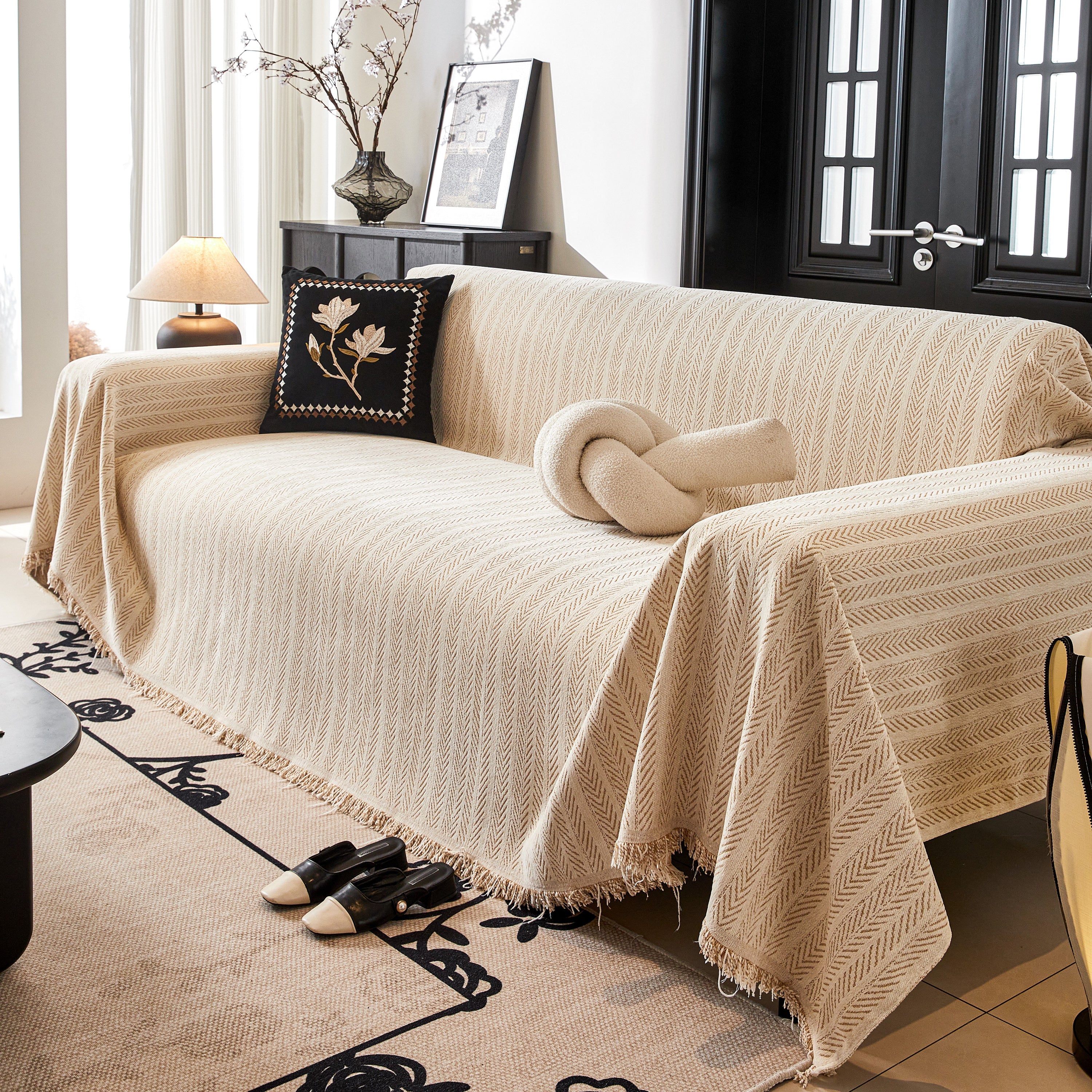 Herringbone Chenille Couch Cover Blanket Soft Durable Throw Sofa Protector With Tassel