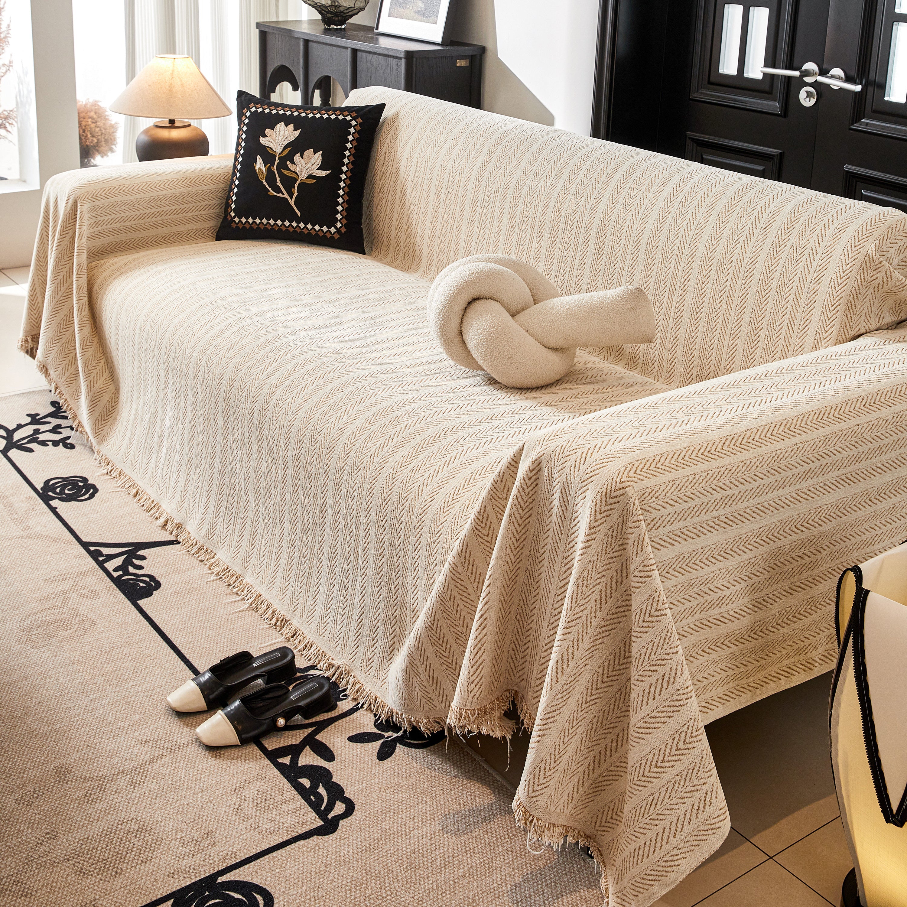 Herringbone Chenille Couch Cover Blanket Soft Durable Throw Sofa Protector With Tassel