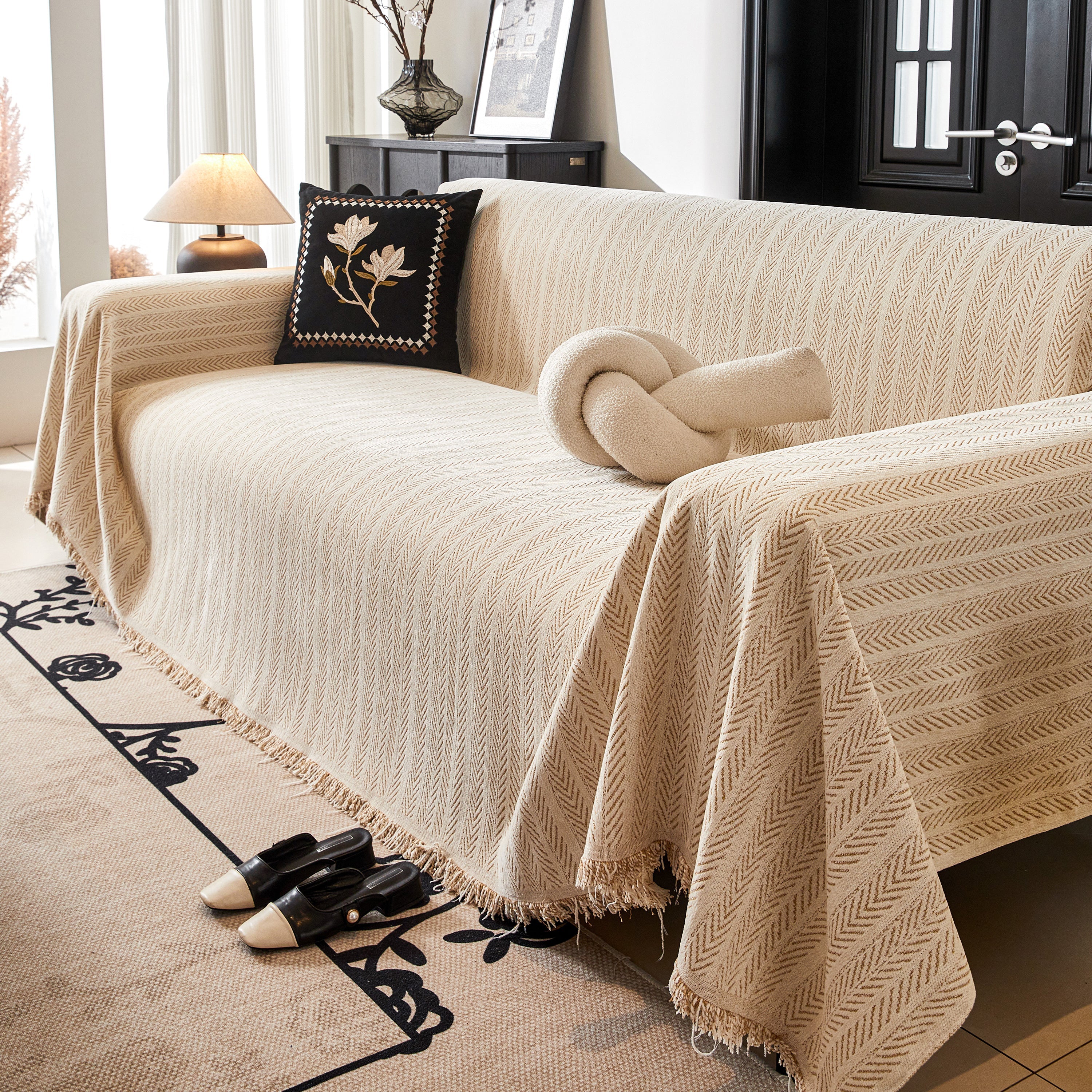 Herringbone Chenille Couch Cover Blanket Soft Durable Throw Sofa Protector With Tassel