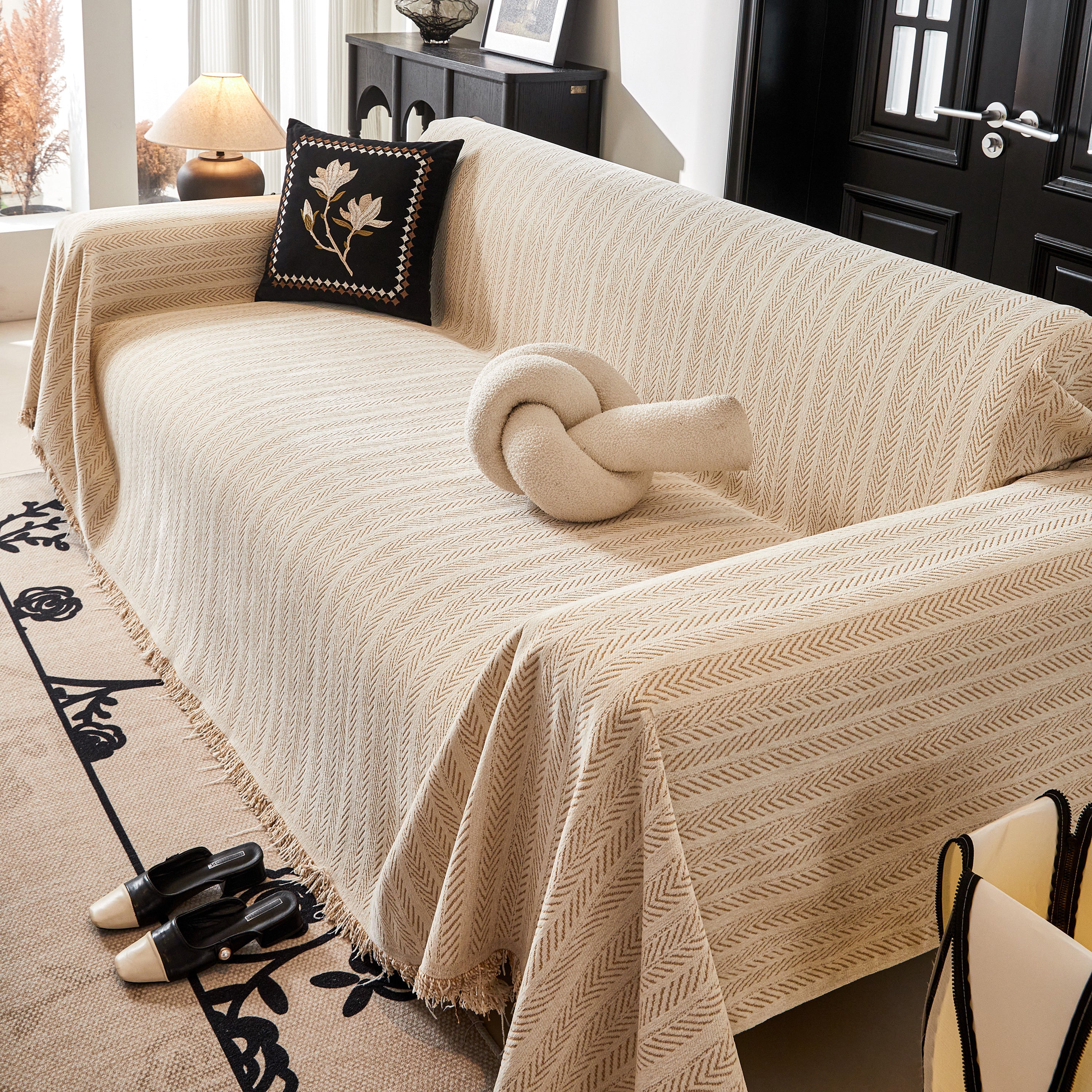 Herringbone Chenille Couch Cover Blanket Soft Durable Throw Sofa Protector With Tassel