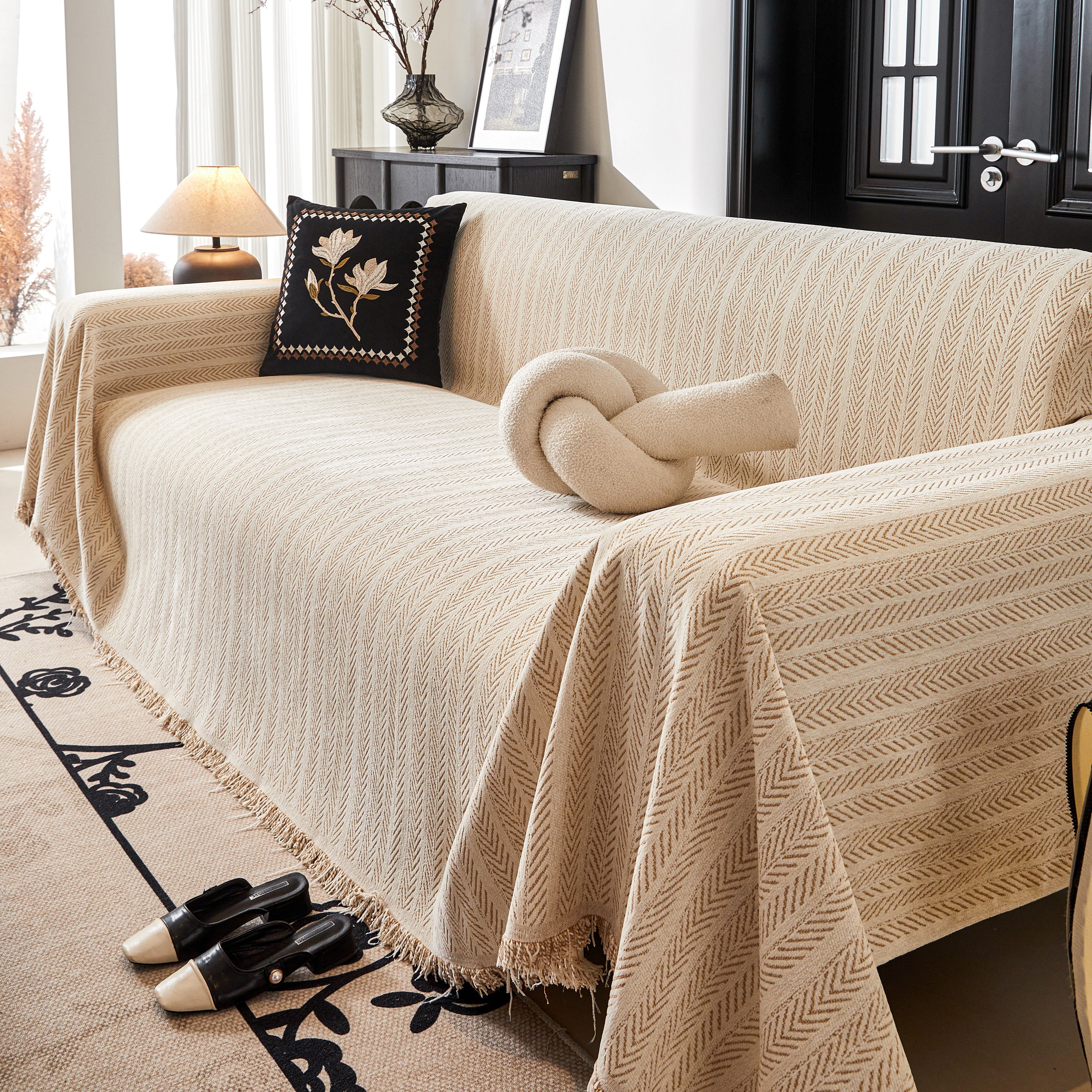 Herringbone Chenille Couch Cover Blanket Soft Durable Throw Sofa Protector With Tassel