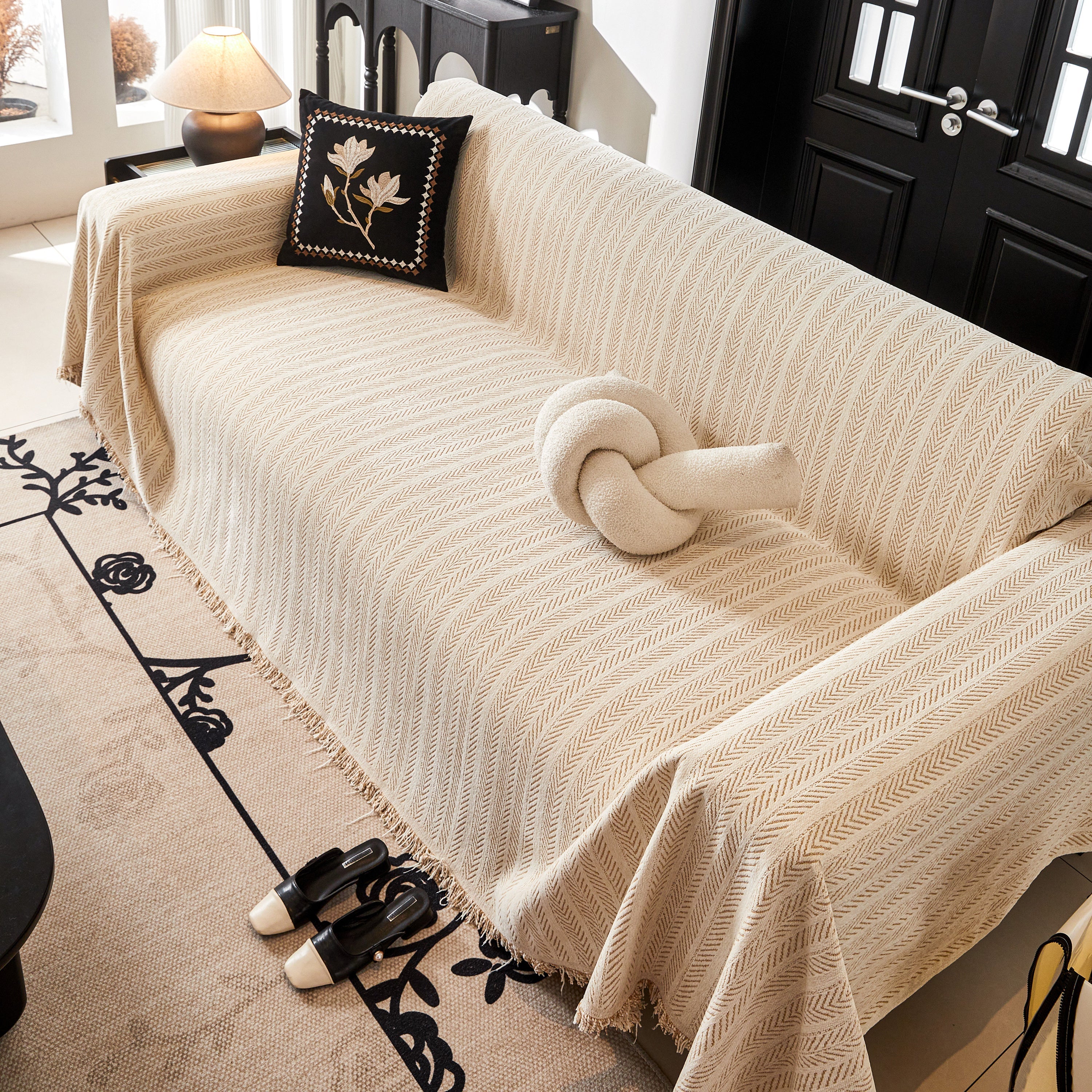 Herringbone Chenille Couch Cover Blanket Soft Durable Throw Sofa Protector With Tassel