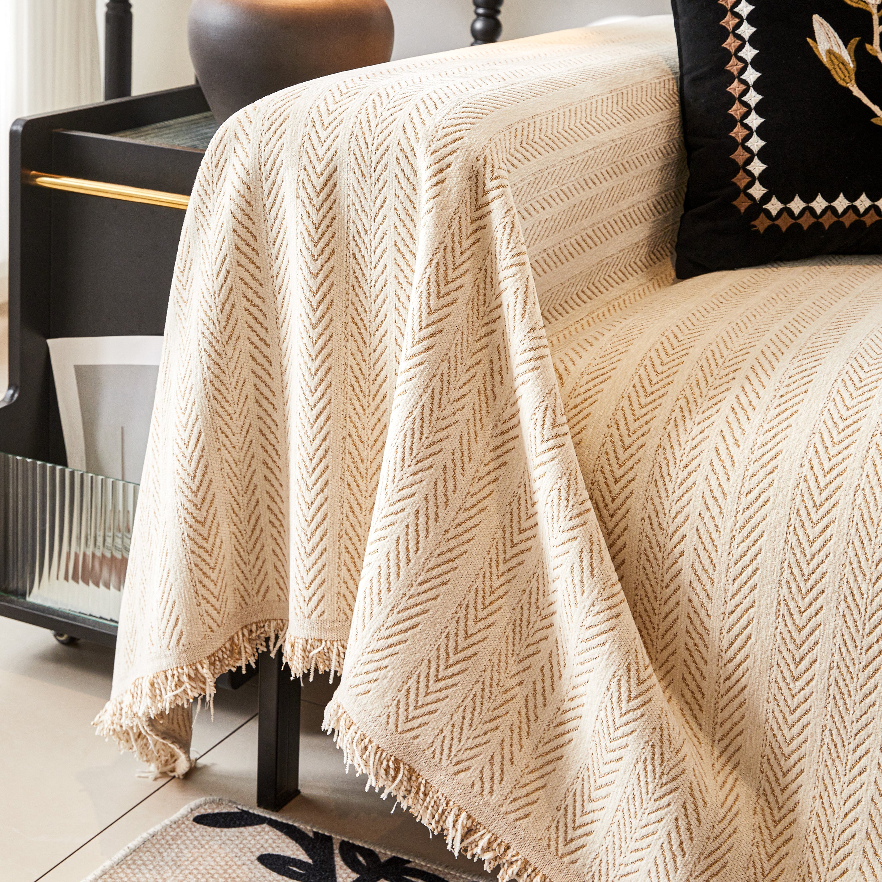 Herringbone Chenille Couch Cover Blanket Soft Durable Throw Sofa Protector With Tassel