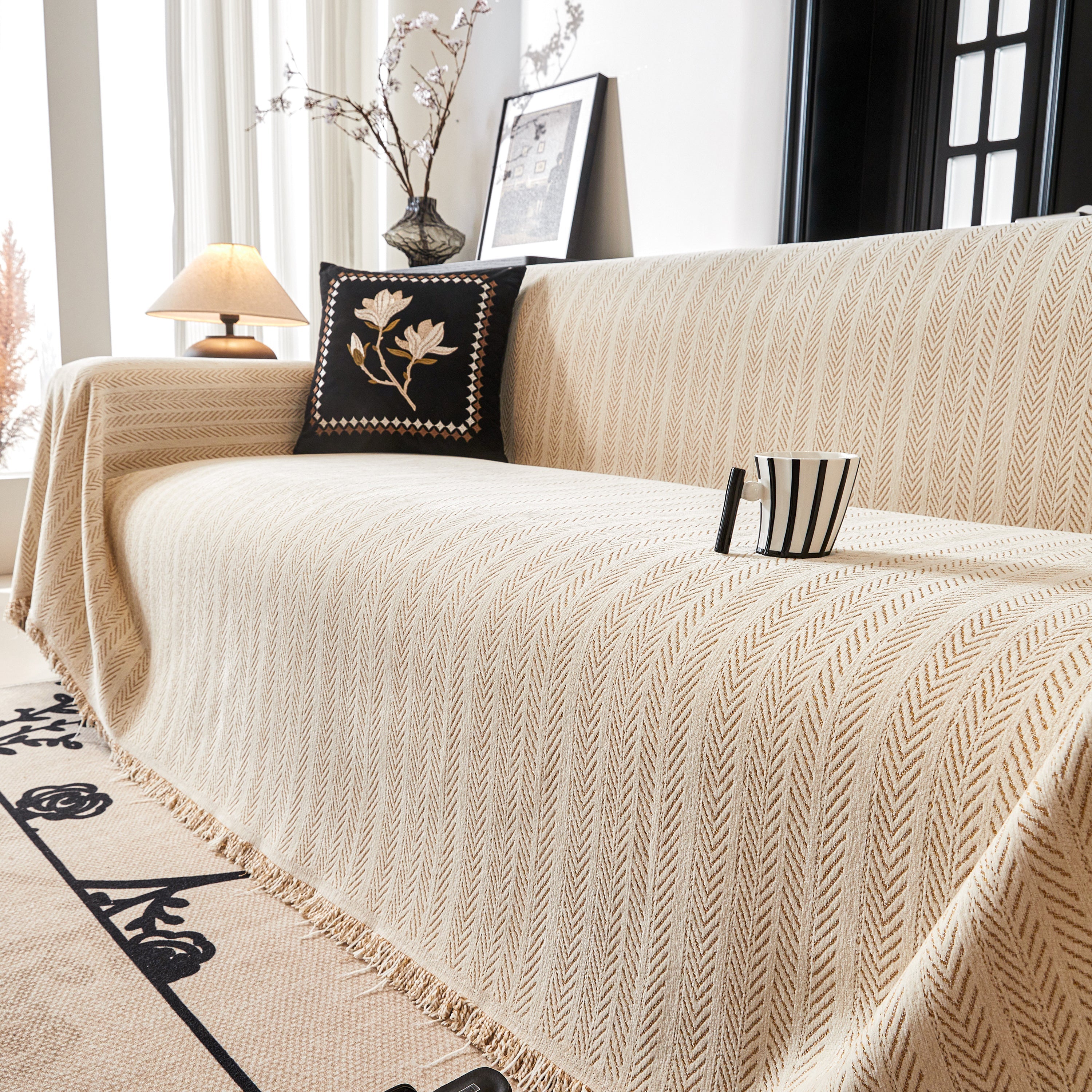 Herringbone Chenille Couch Cover Blanket Soft Durable Throw Sofa Protector With Tassel