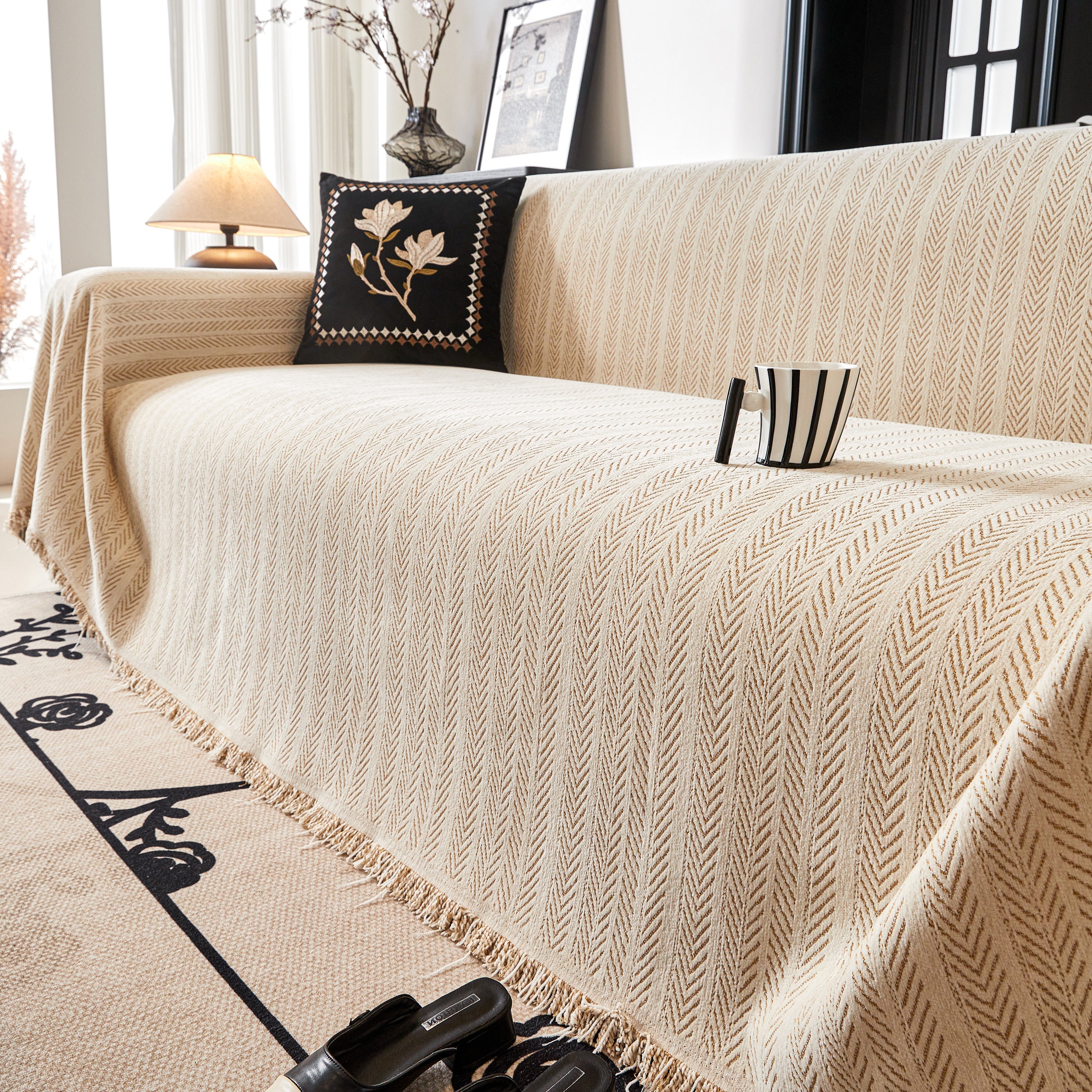 Herringbone Chenille Couch Cover Blanket Soft Durable Throw Sofa Protector With Tassel