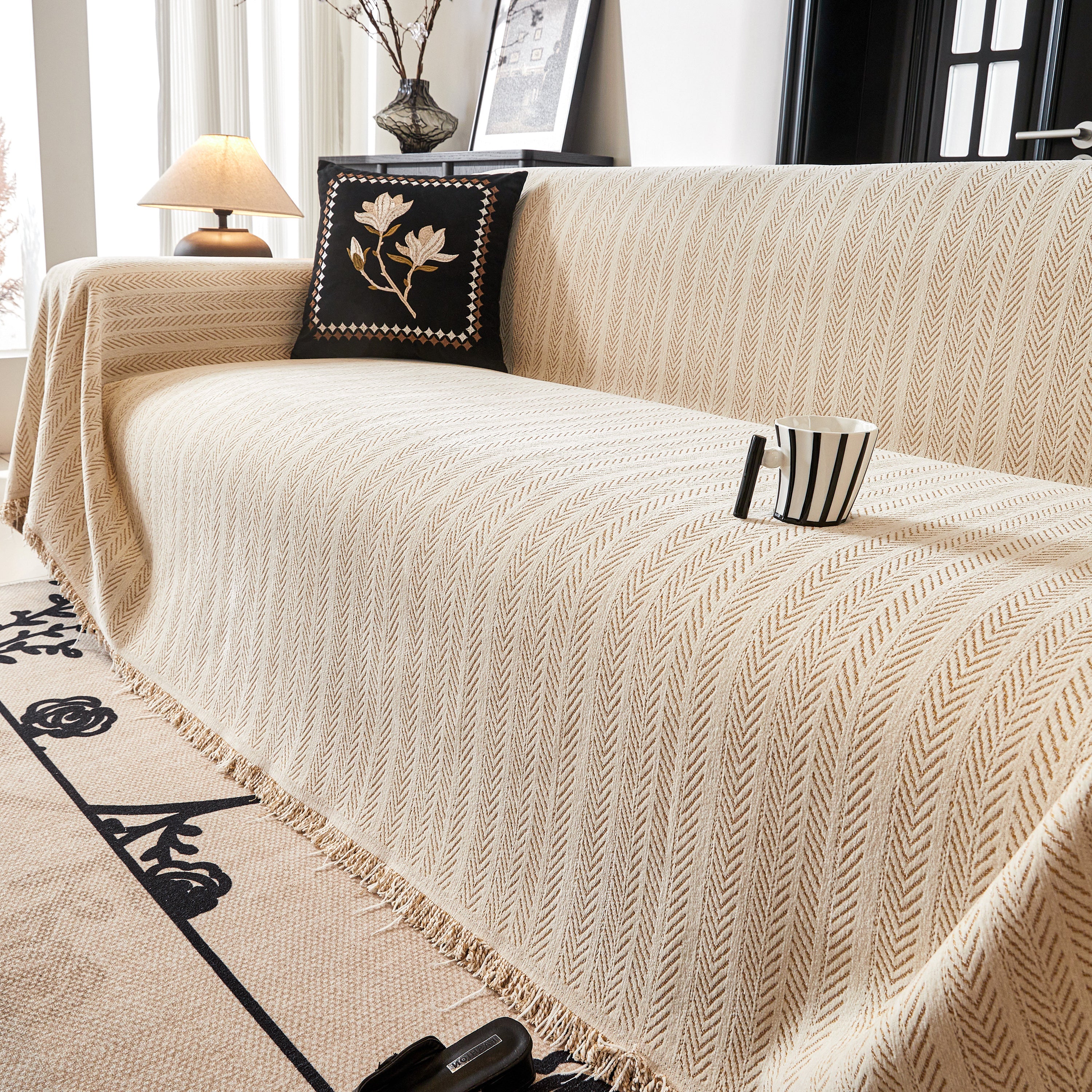 Herringbone Chenille Couch Cover Blanket Soft Durable Throw Sofa Protector With Tassel