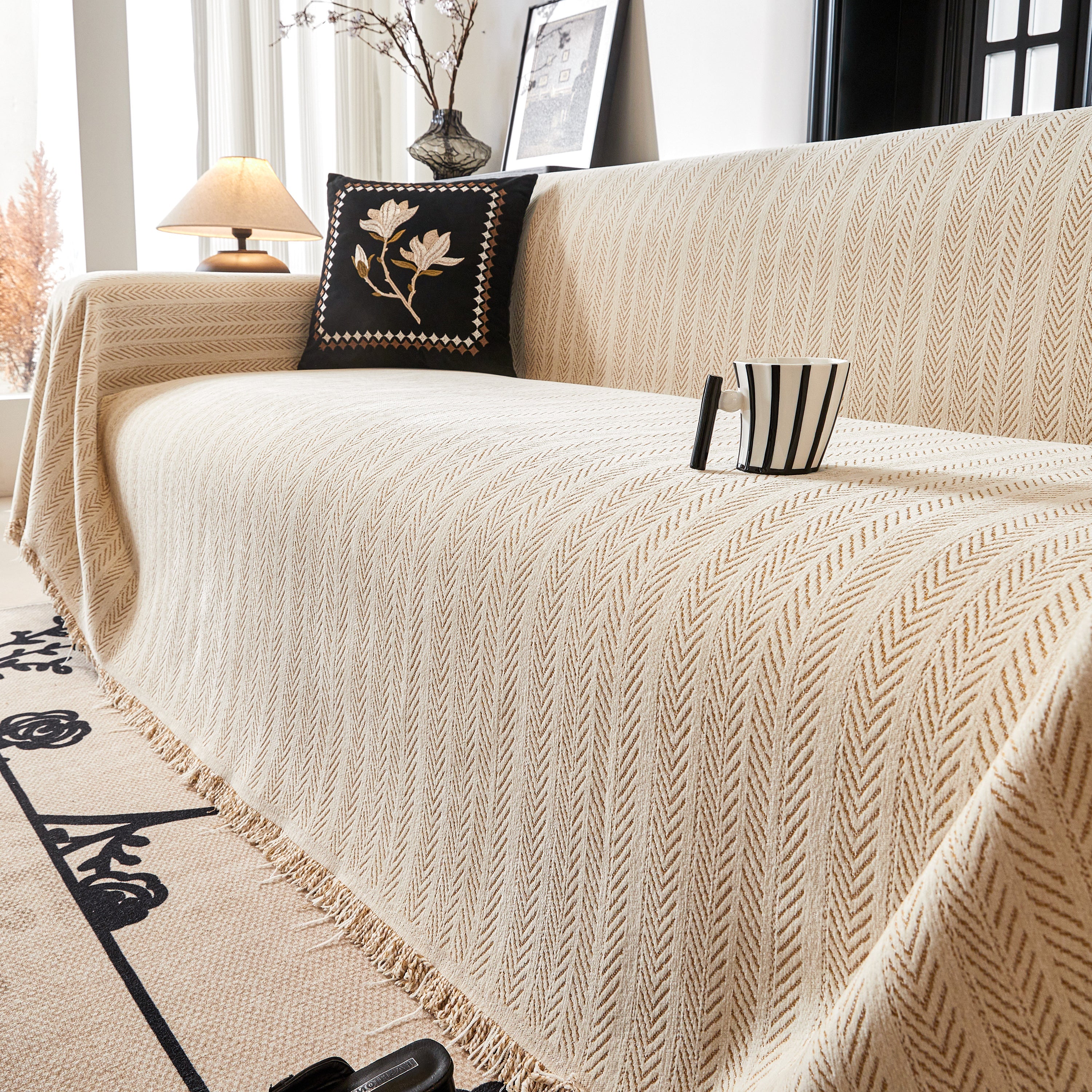 Herringbone Chenille Couch Cover Blanket Soft Durable Throw Sofa Protector With Tassel