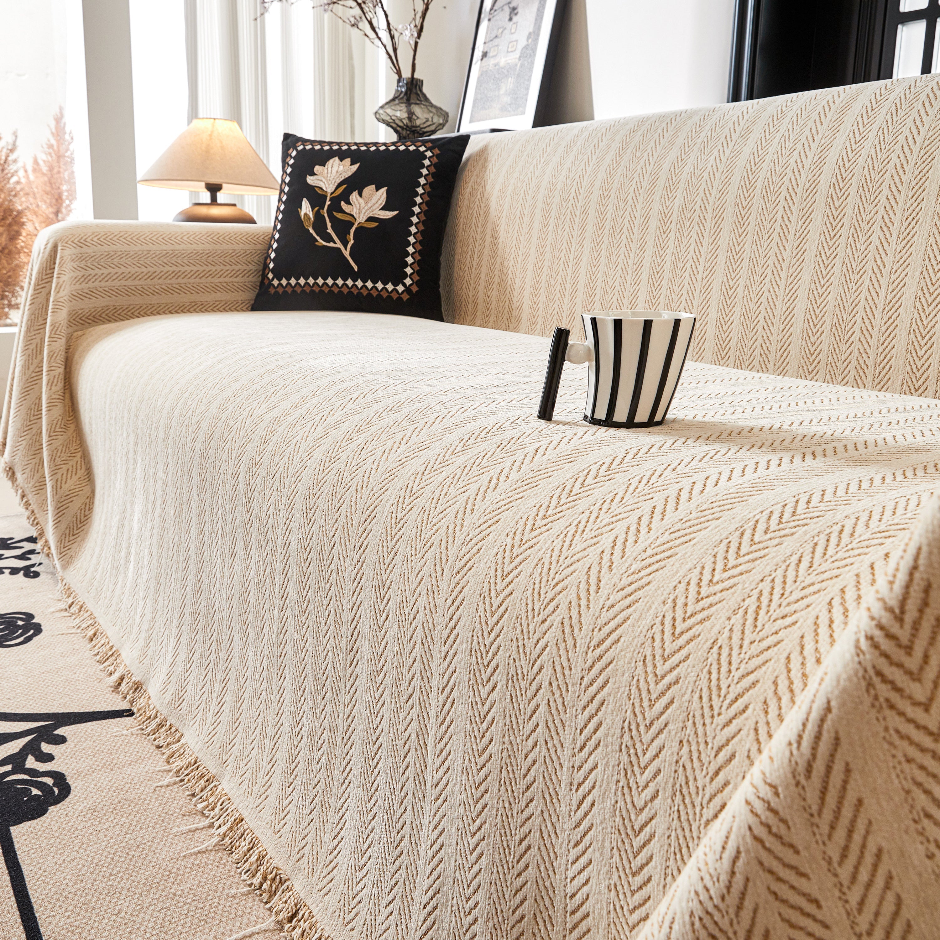 Herringbone Chenille Couch Cover Blanket Soft Durable Throw Sofa Protector With Tassel